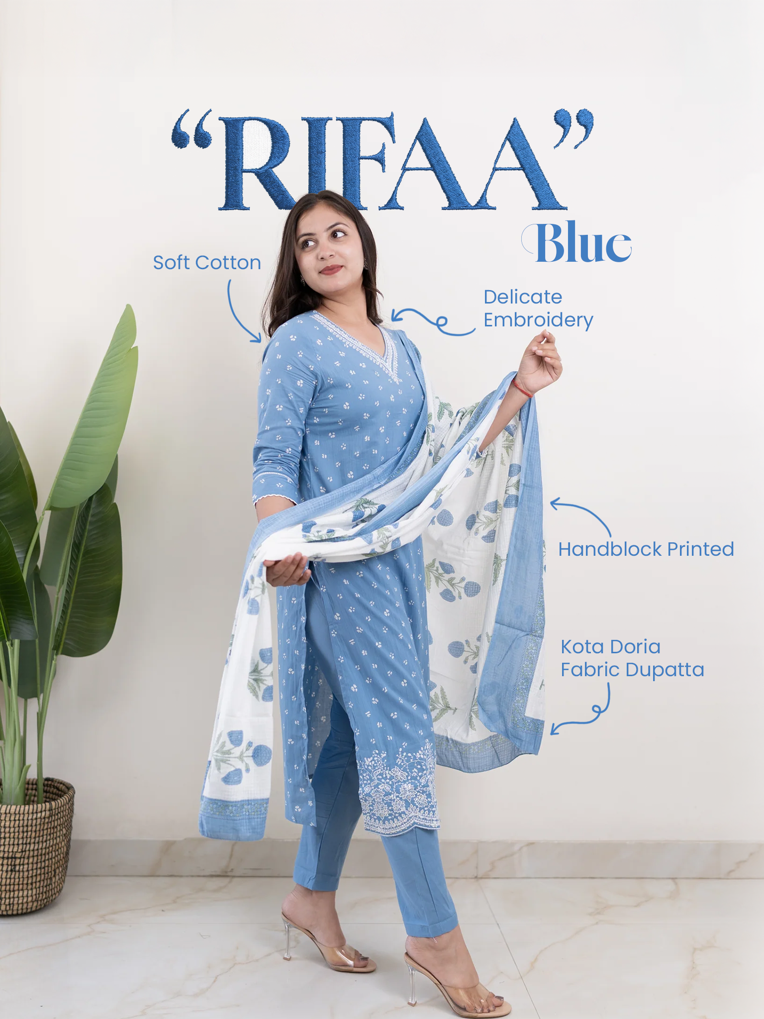 Rifaa Blue Cotton Embroidered Straight Dupatta Set