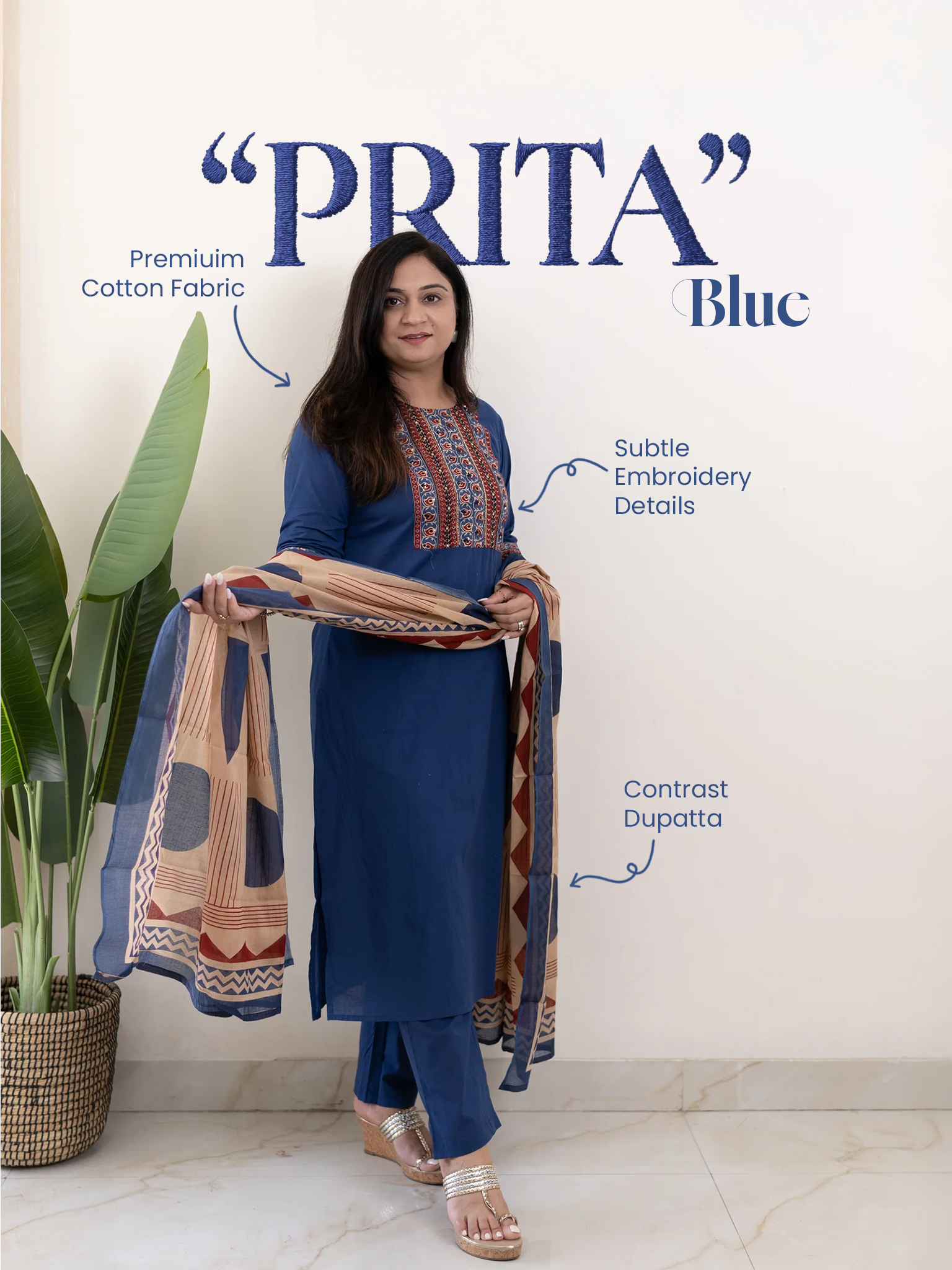 Prita Blue Cotton Embroidered Straight Dupatta Set