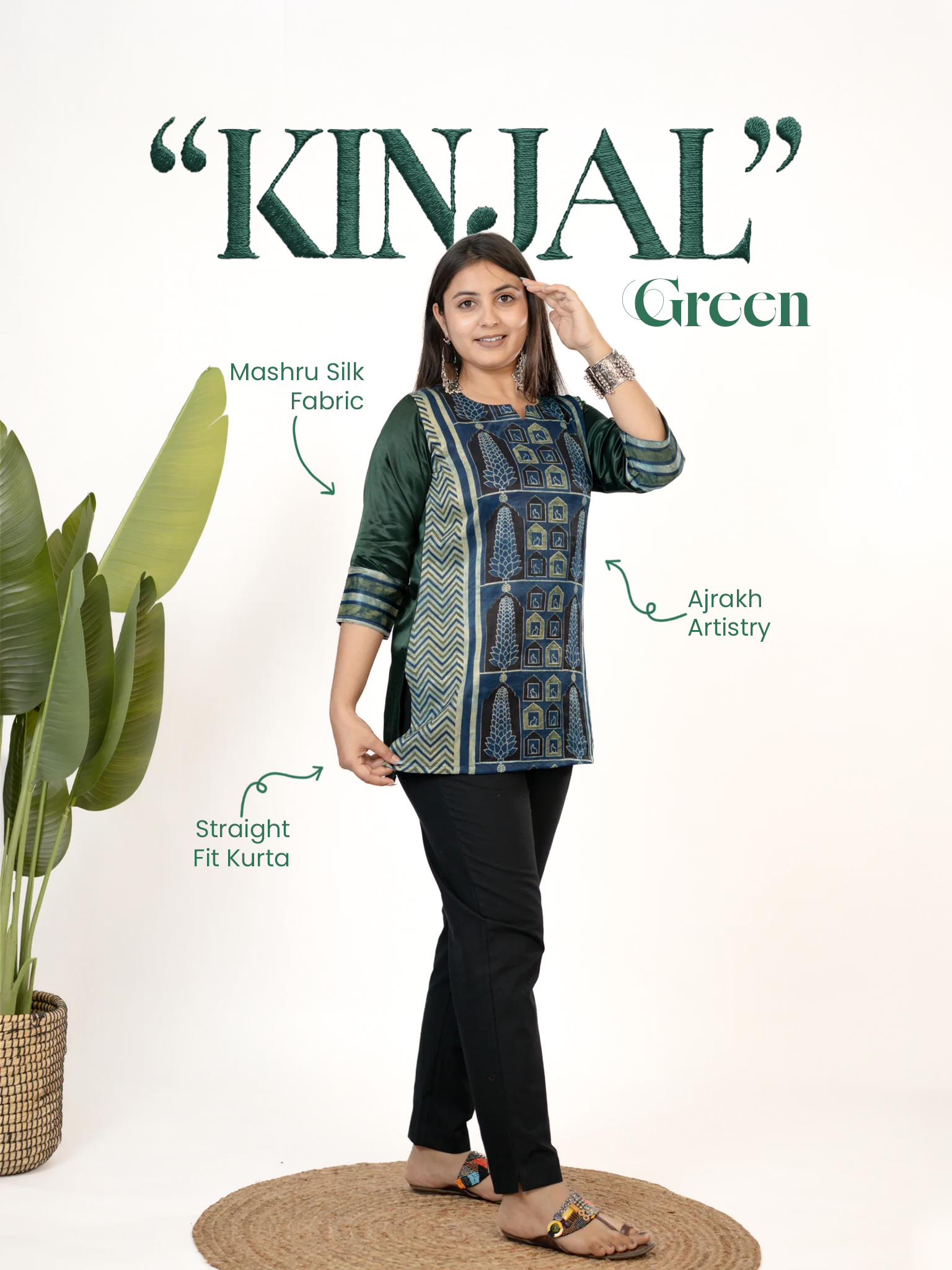 Kinjal Green Designer Mashru Silk Ajrakh Short Top