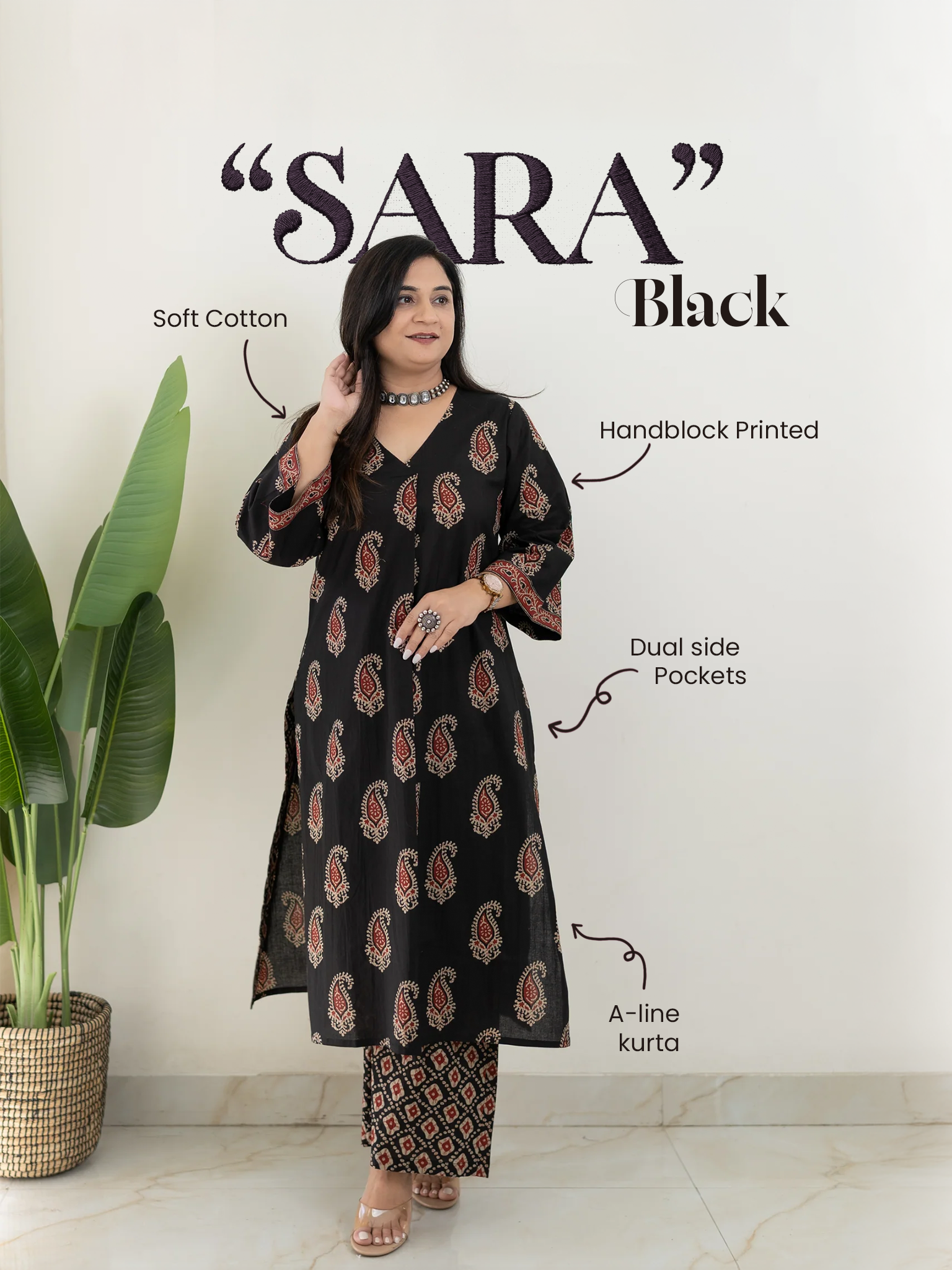 Sara Black Cotton Handblock A-line Kurta Set