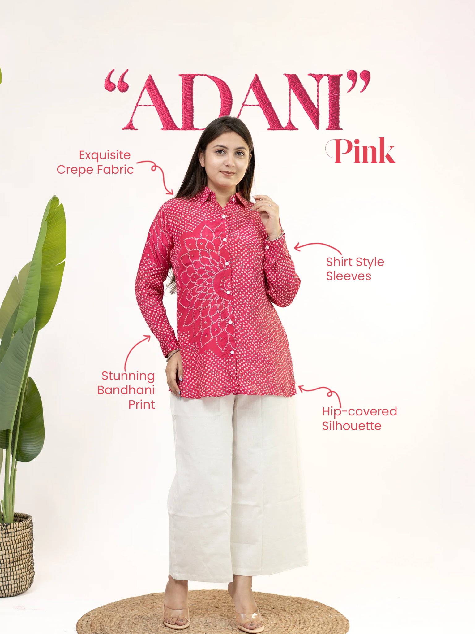 Adani Pink Crepe Bandhani HandDetailed Shirt