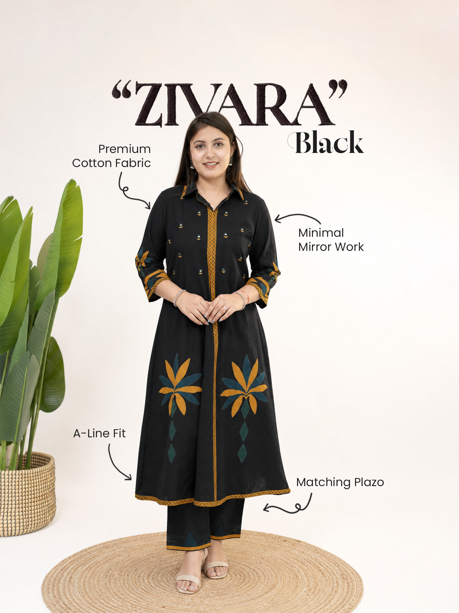 Zivara Black Floral Mirror Work A-line Kurta Set