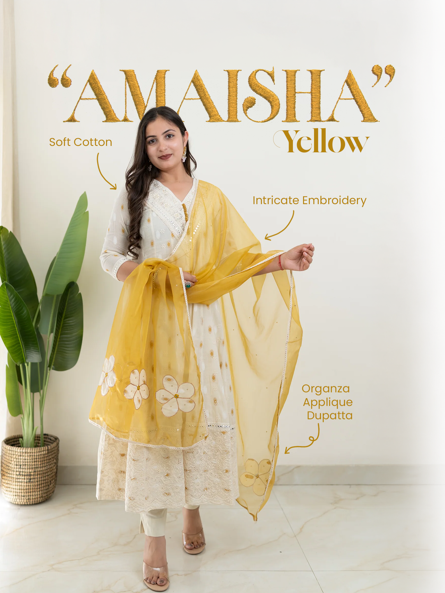 Amaisha Yellow Cotton Embroidered Anarkali with Applique Dupatta set