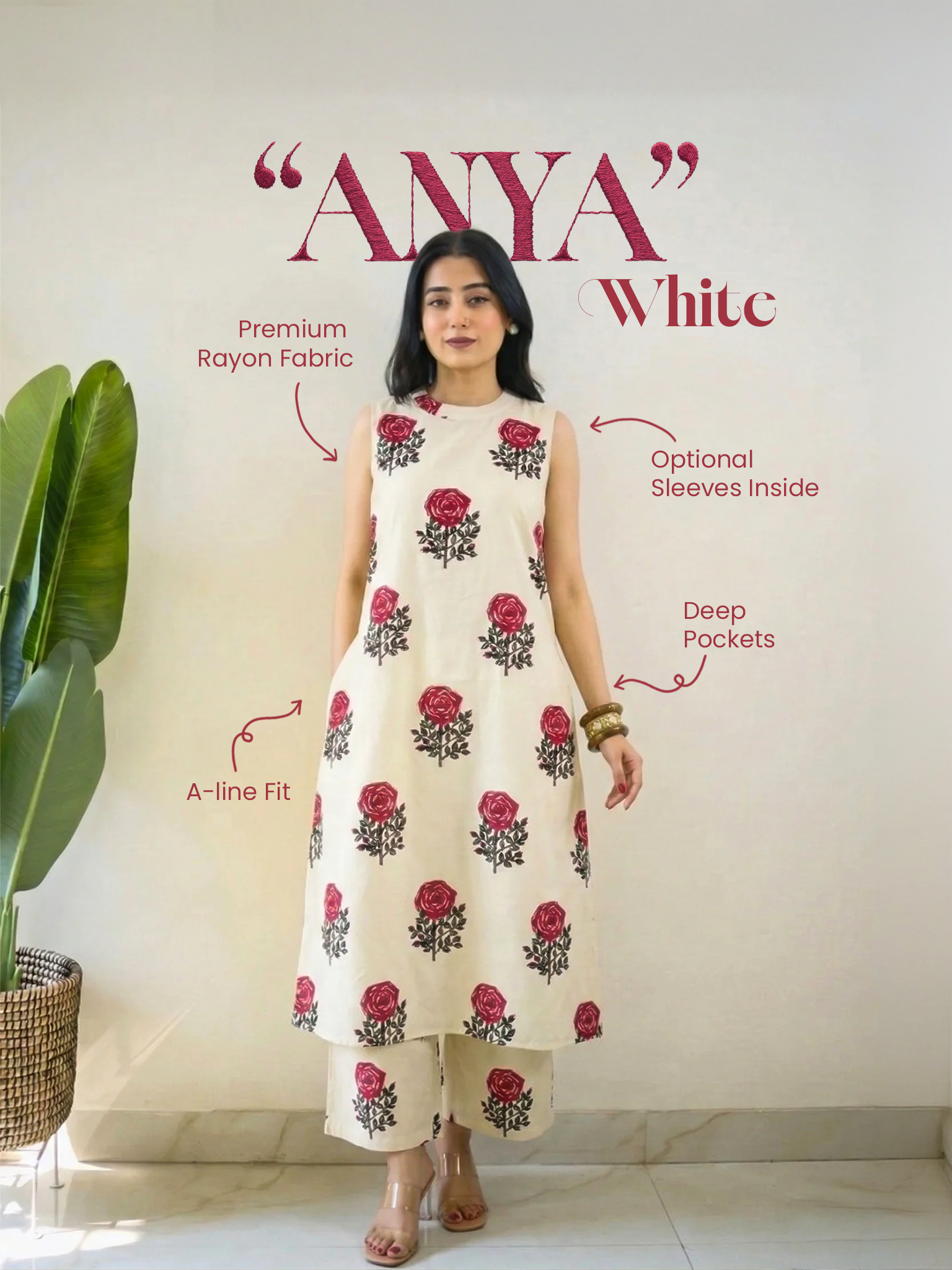 Anya White Floral Rayon A-line Coord Set