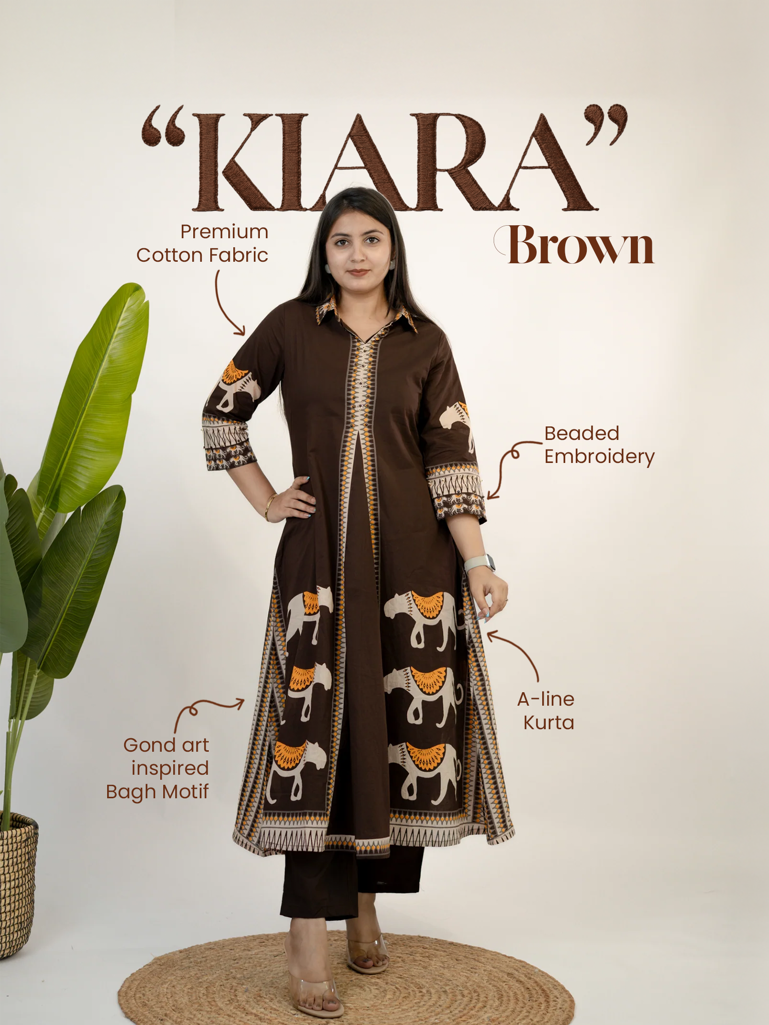 Kiara Brown Tribal Bagh Cotton BeadWork Kurta Set
