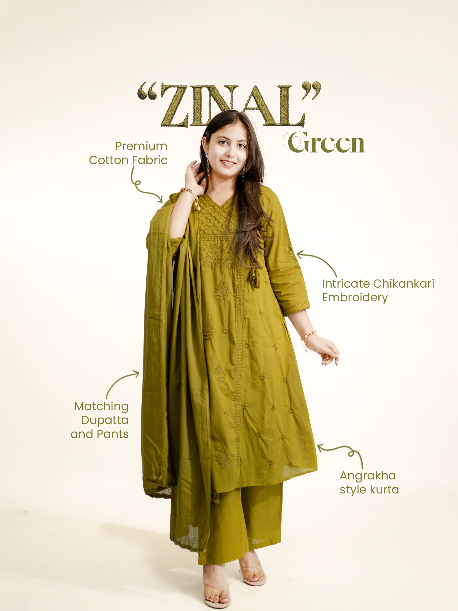 Zinal Green Cotton Chikankari Embroidered Angrakha Dupatta Set