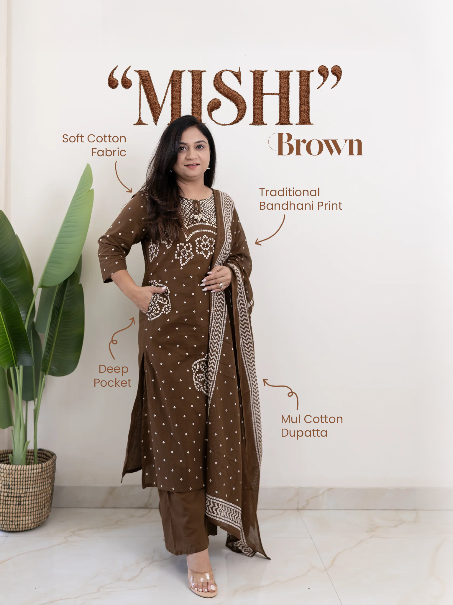 Mishi Brown Cotton Bandhani Straight Dupatta Set