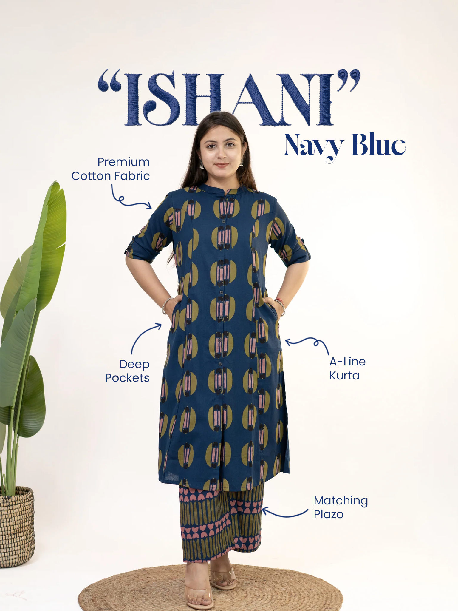 Ishani Navy Blue Cotton A-line Kurta Set