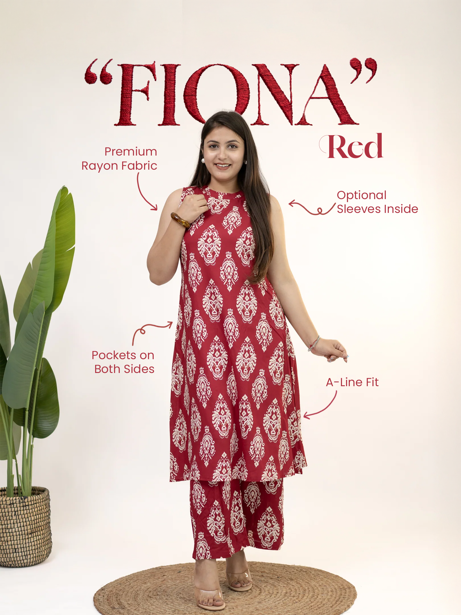 Fiona Red Rayon A-line Coord Set