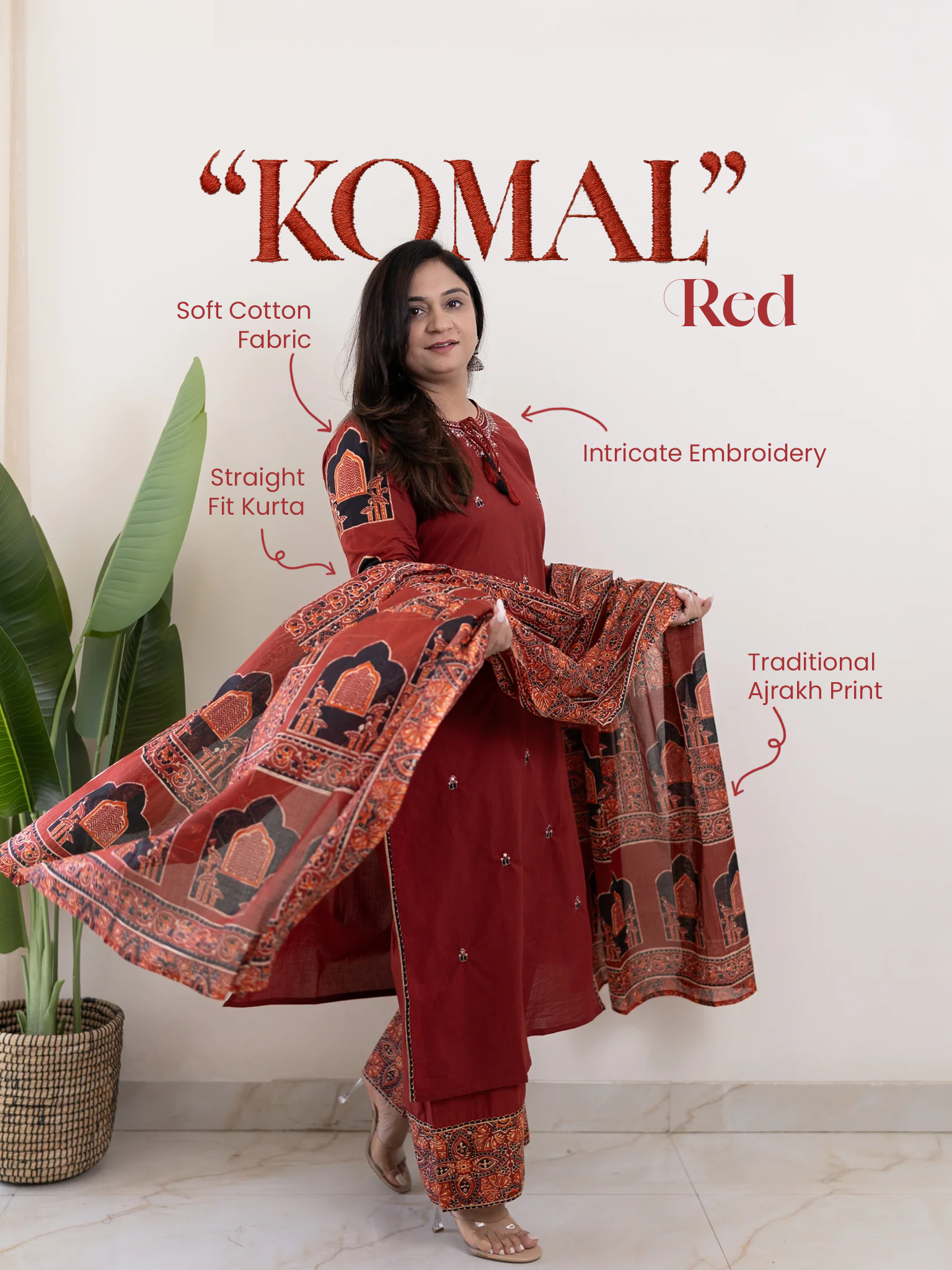 Komal Red Ajrakh Cotton Embroidered Dupatta set