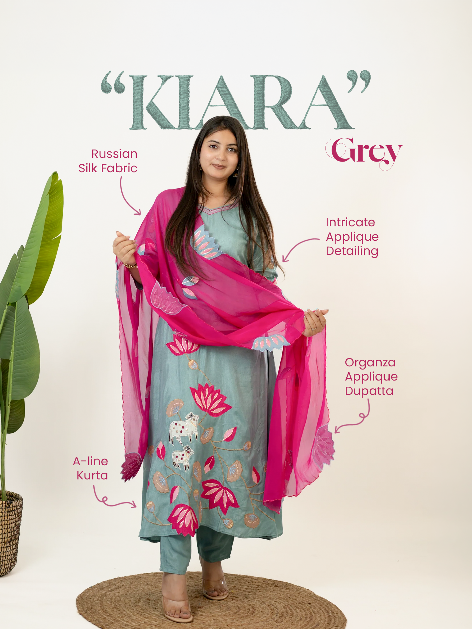 Kiara Grey Russian Silk A-line Applique Deatiled Dupatta Set