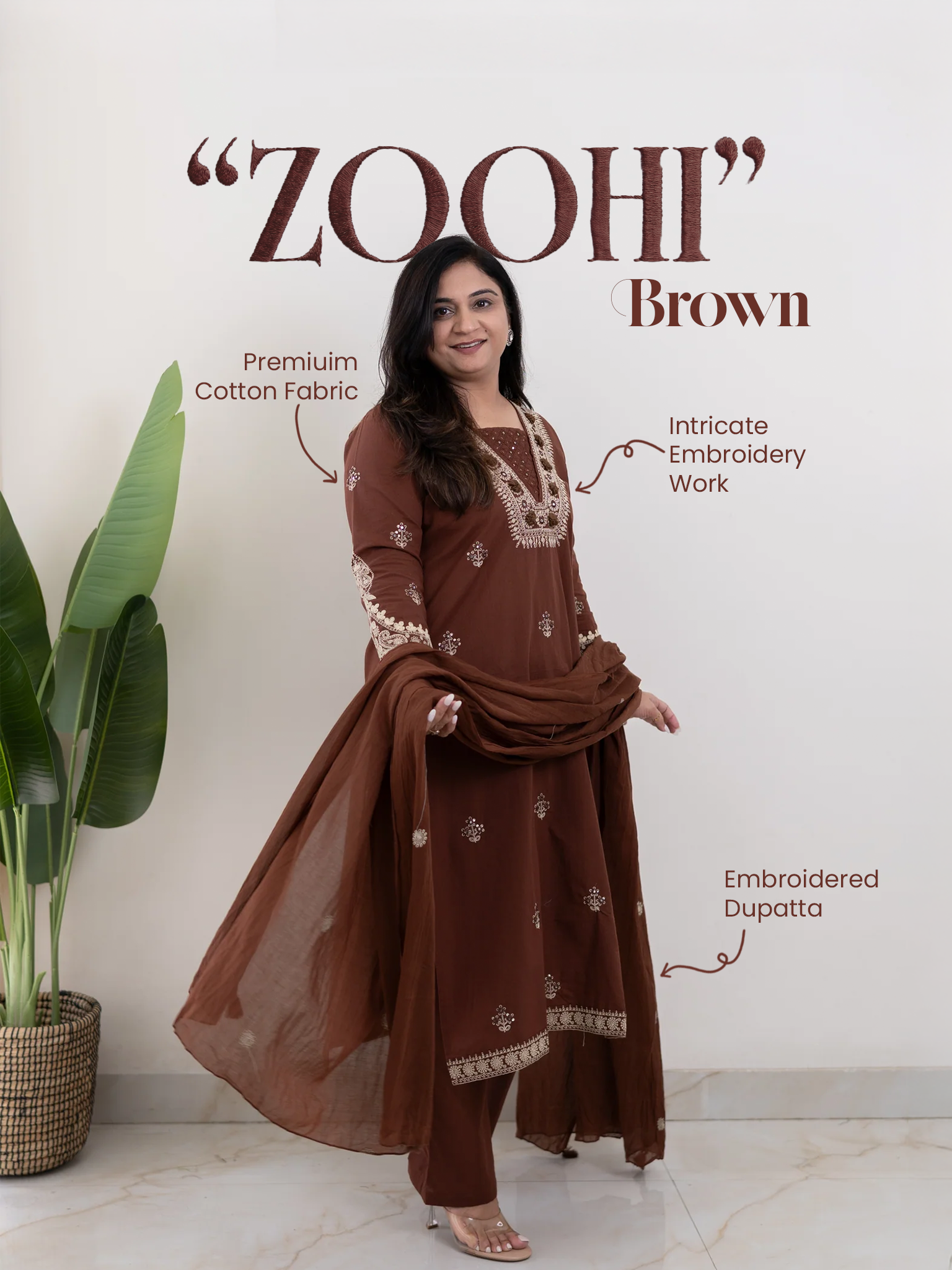 Zoohi Brown Cotton Embroidered Straight Dupatta Set