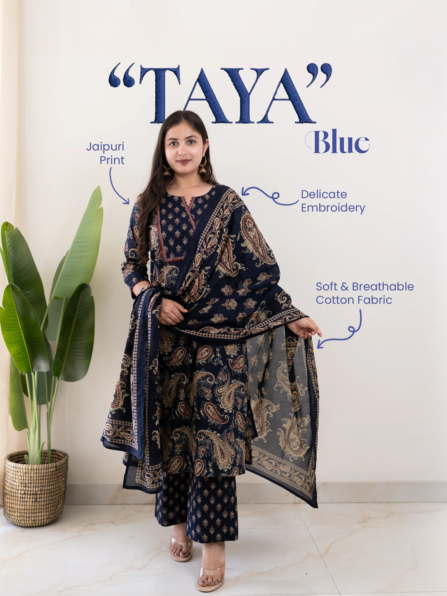 Taya Blue Ajrakh Kalamkari Cotton Embroidered Dupatta Set