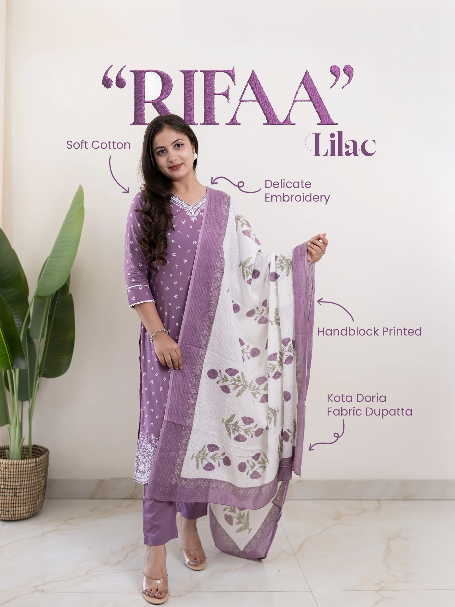 Rifaa Lilac Cotton Embroidered Straight Dupatta Set