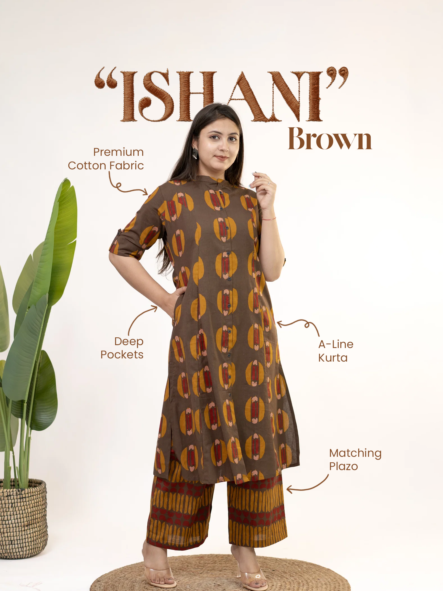 Ishani Brown Cotton A-line Kurta Set