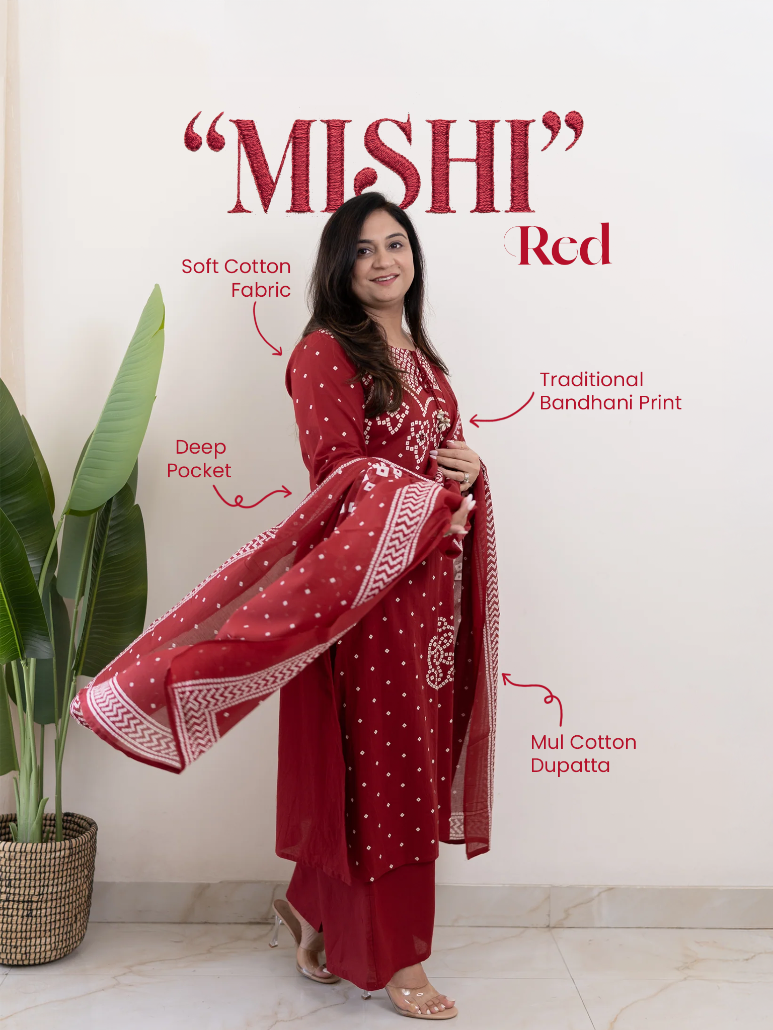Mishi Red Cotton Bandhani Straight Dupatta Set