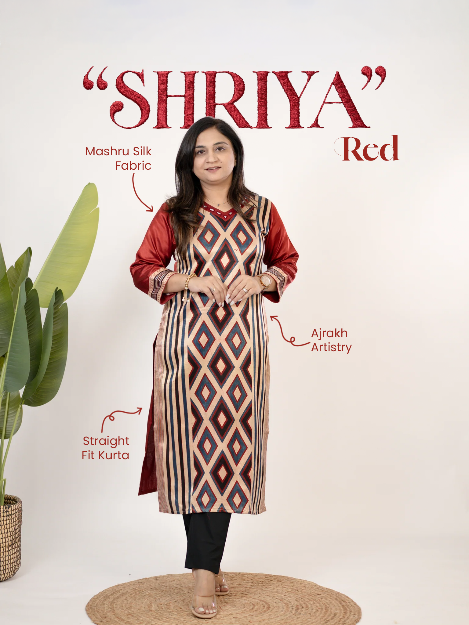 Shriya Red Designer Mashru Silk Ajrakh Embroidered Kurta