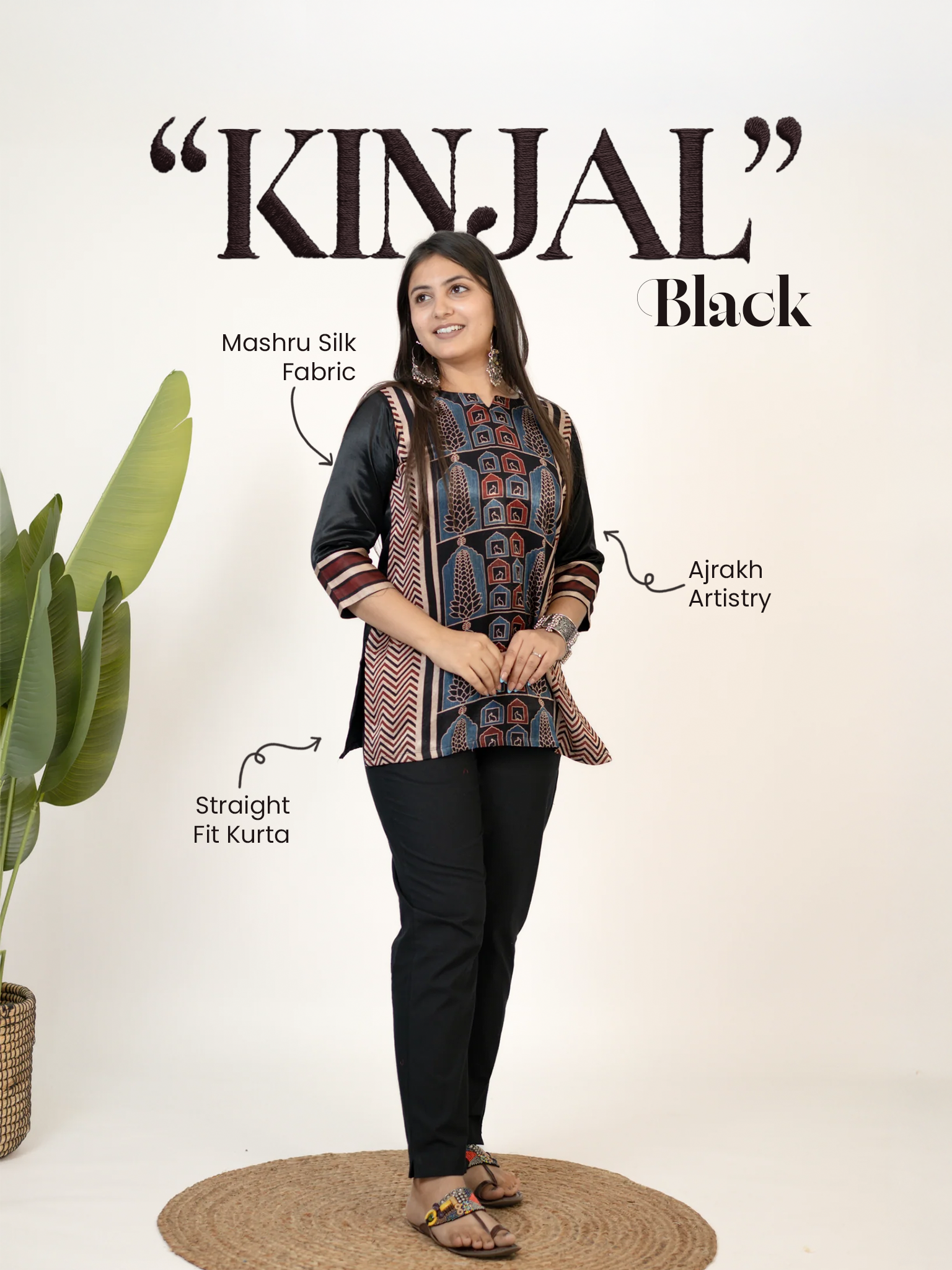 Kinjal Black Designer Mashru Silk Ajrakh Short Top