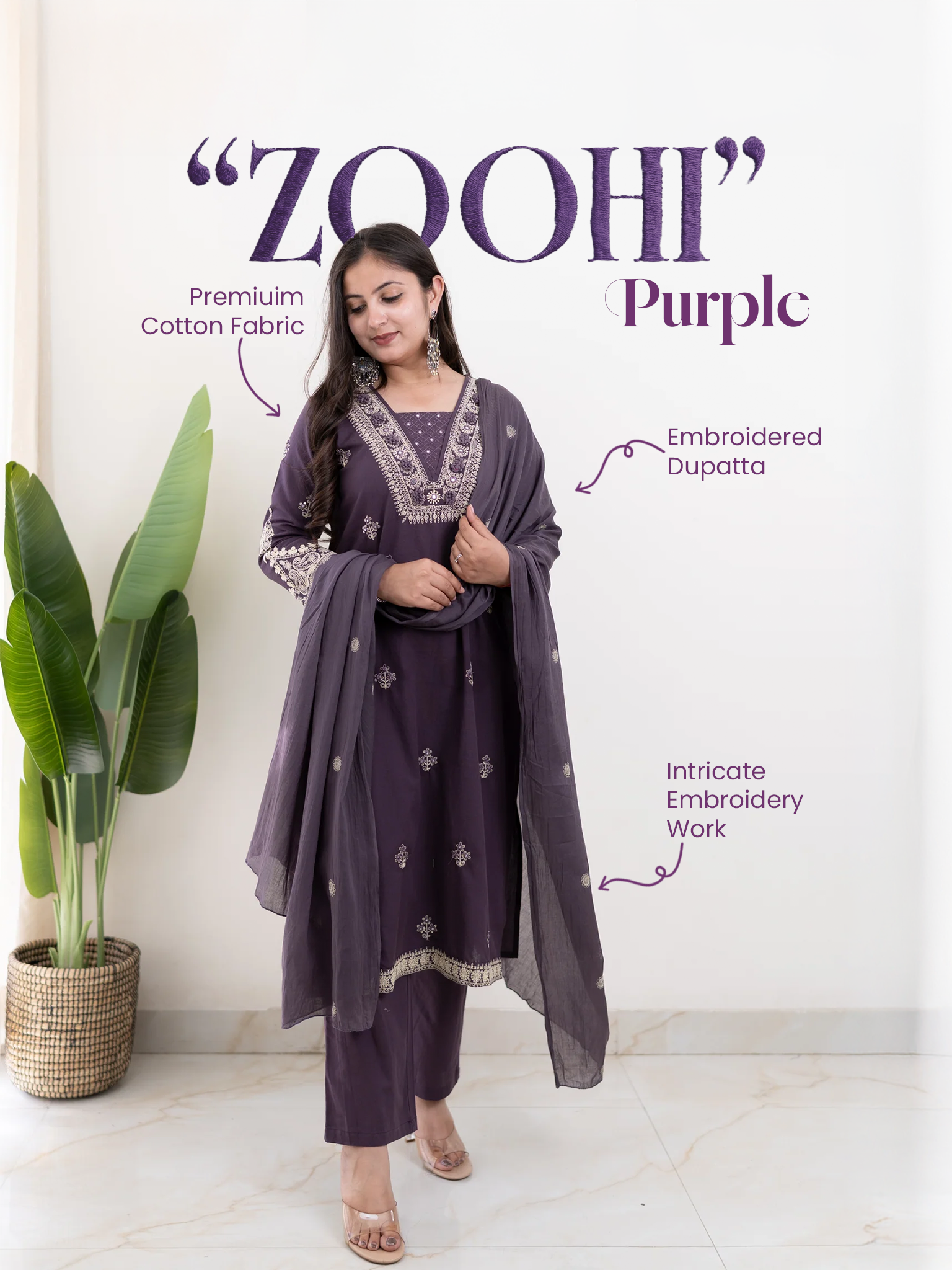 Zoohi Purple Cotton Embroidered Straight Dupatta Set