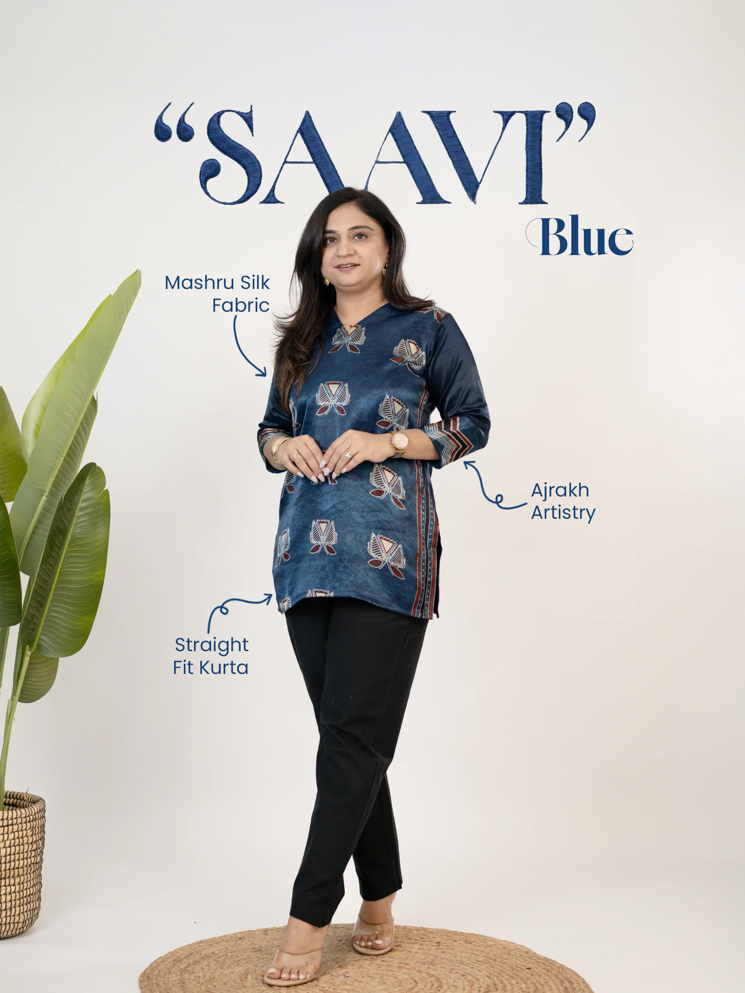 Saavi Blue Designer Mashru Silk Ajrakh Short Top