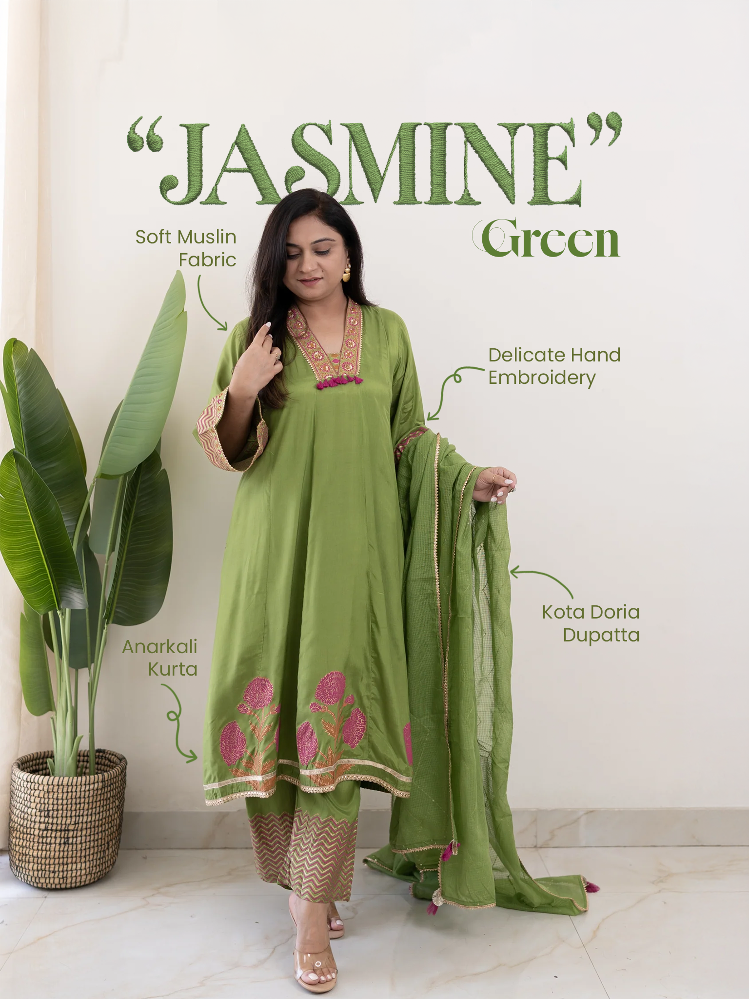 Jasmine Green Muslin HandEmbroidered Anarkali Dupatta Set