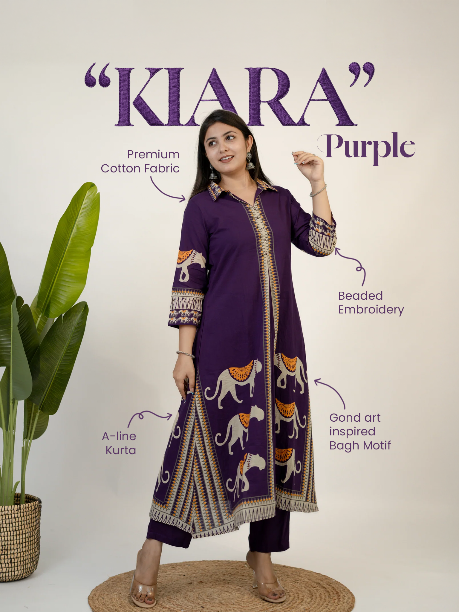 Kiara Purple Tribal Bagh Cotton BeadWork Kurta Set