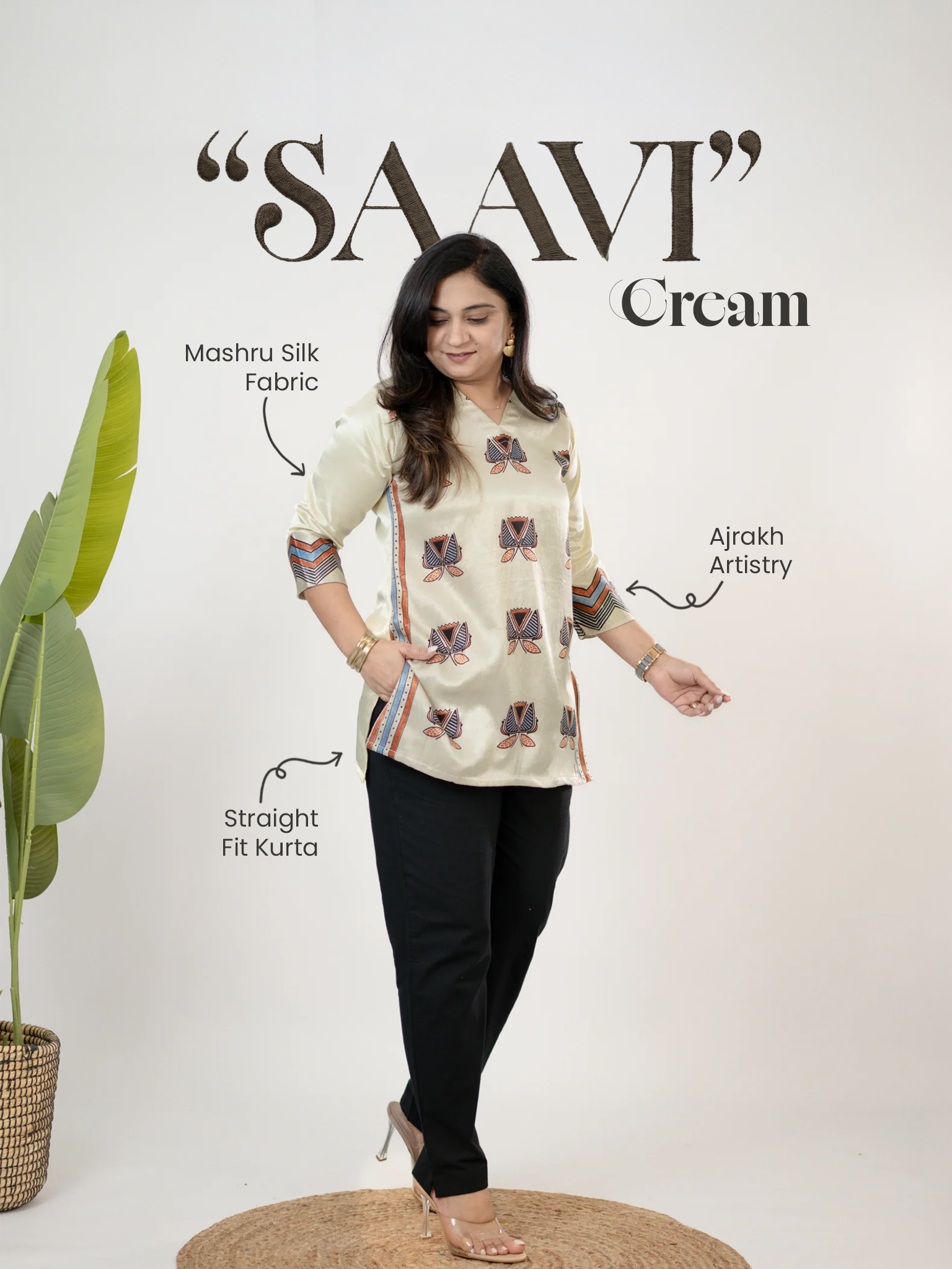 Saavi Cream Designer Mashru Silk Ajrakh Short Top