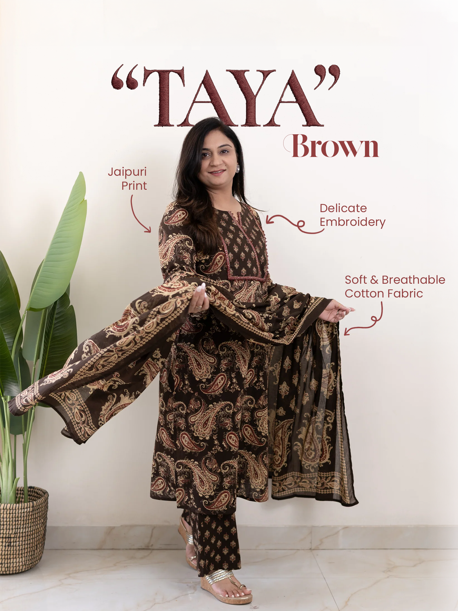 Taya Brown Ajrakh Kalamkari Cotton Embroidered Dupatta Set