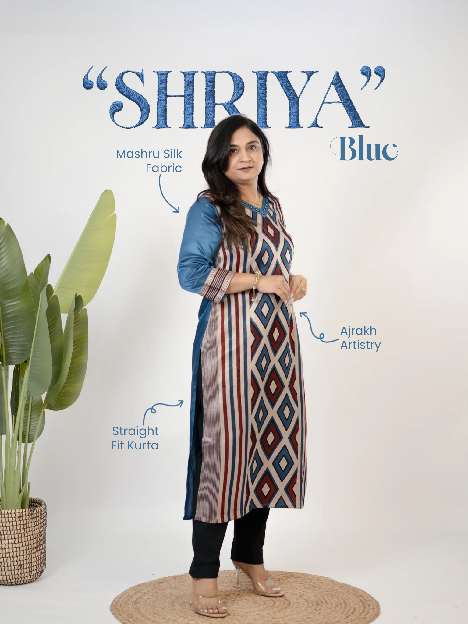 Shriya Blue Designer Mashru Silk Ajrakh Embroidered Kurta