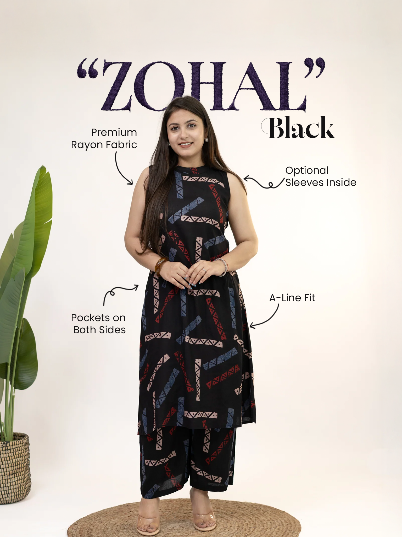 Zohal Black Rayon A-line Coord Set