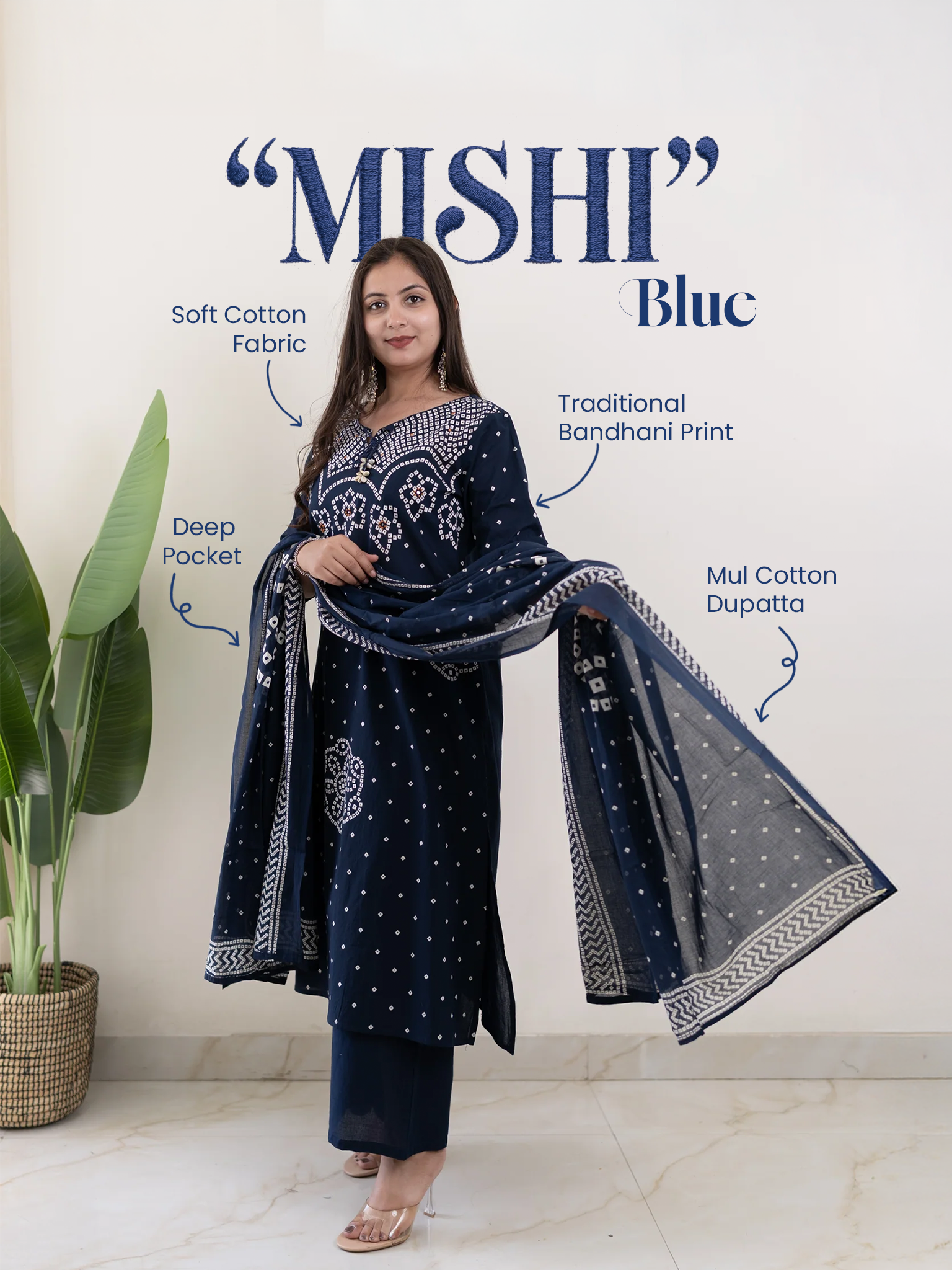 Mishi Navy Blue Cotton Bandhani Straight Dupatta Set