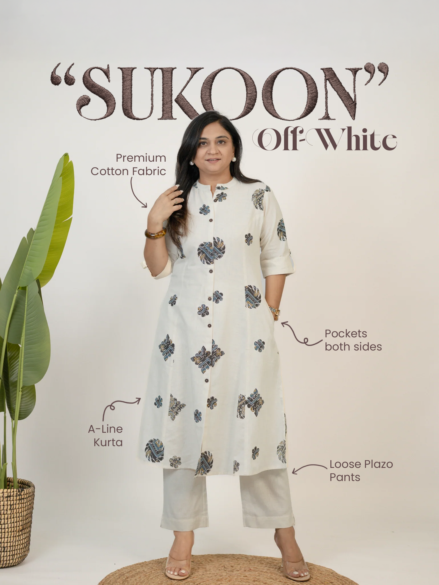 Sukoon OffWhite Cotton Ajrakh A-line Cotton Kurta Set