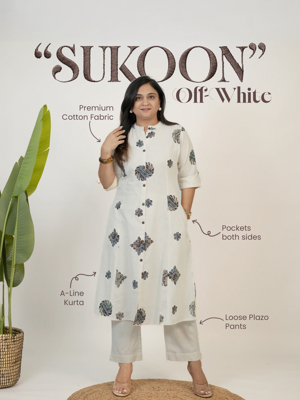 Sukoon OffWhite Cotton Ajrakh A-line Cotton Kurta Set