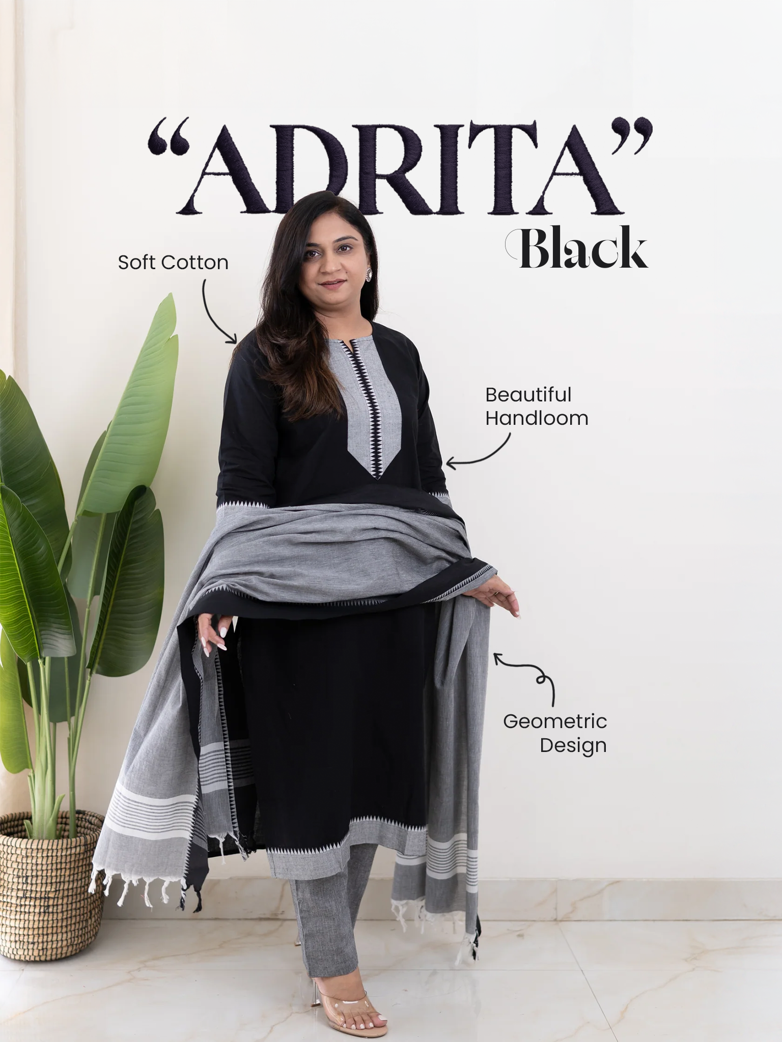 Adrita Black Handloom Cotton Straight Dupatta Set