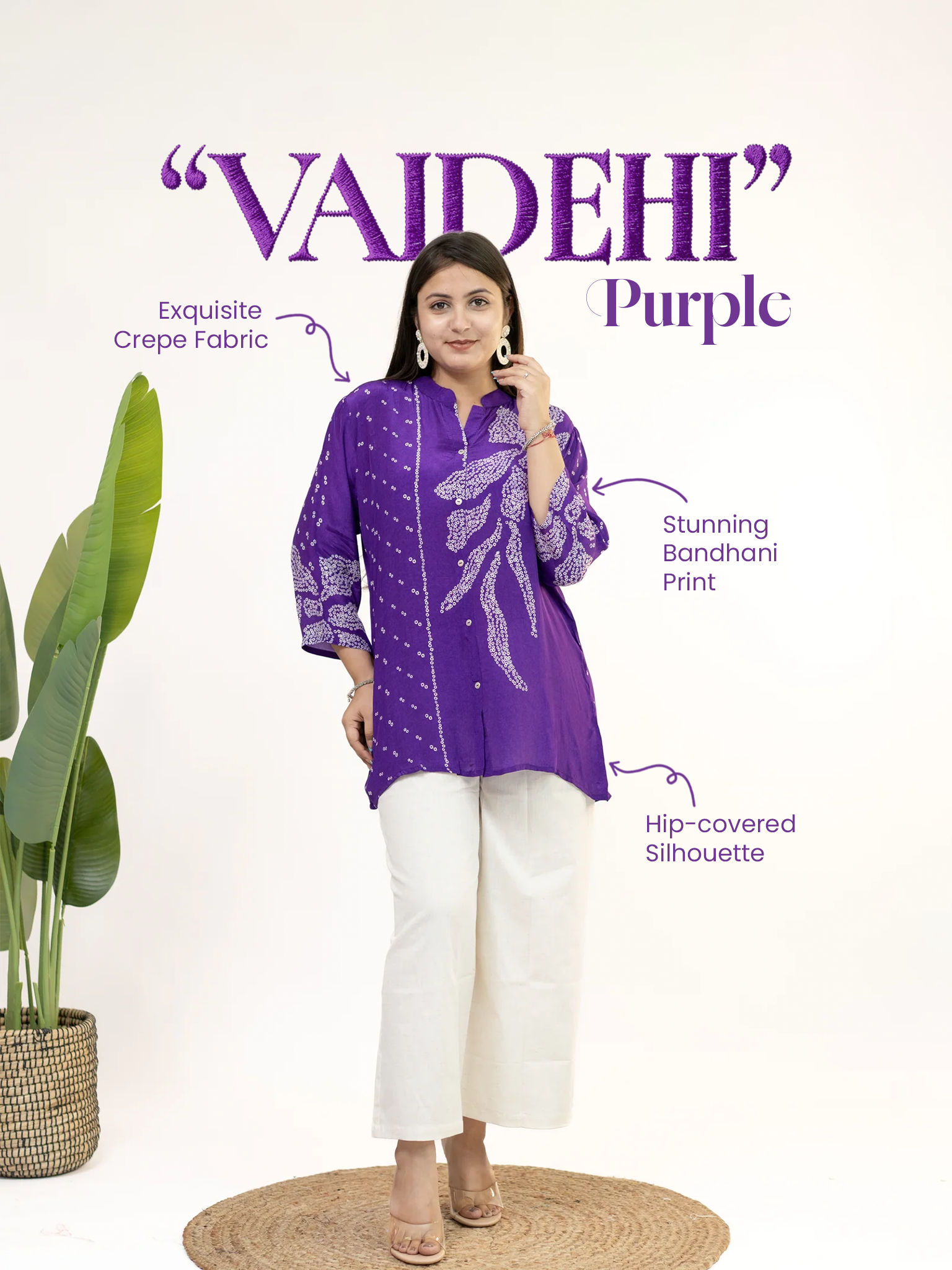Vaidehi Purple Crepe Bandhani HandDetailed Shirt