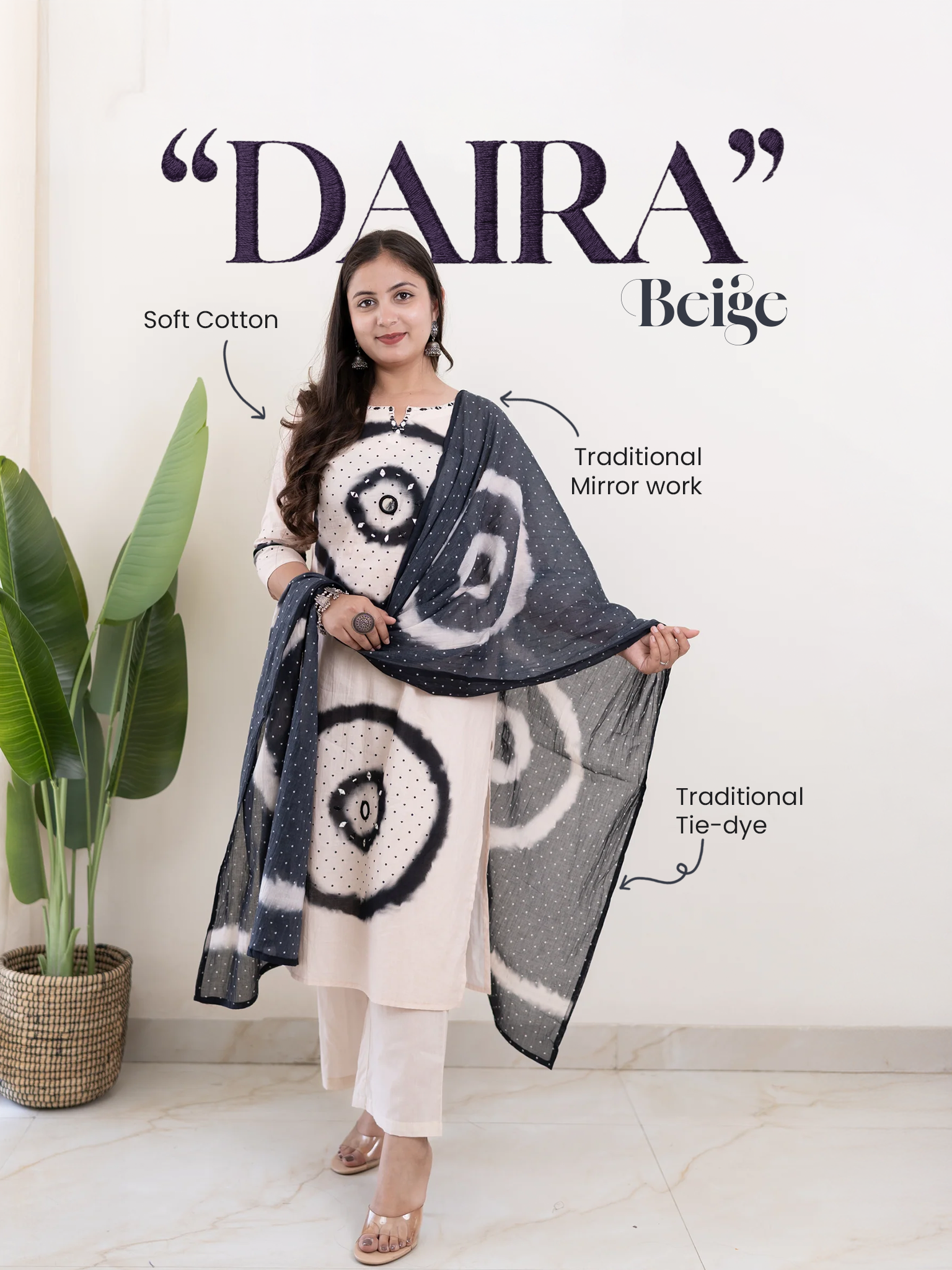 Daira Beige Cotton Tie and Dye Straight Dupatta Set