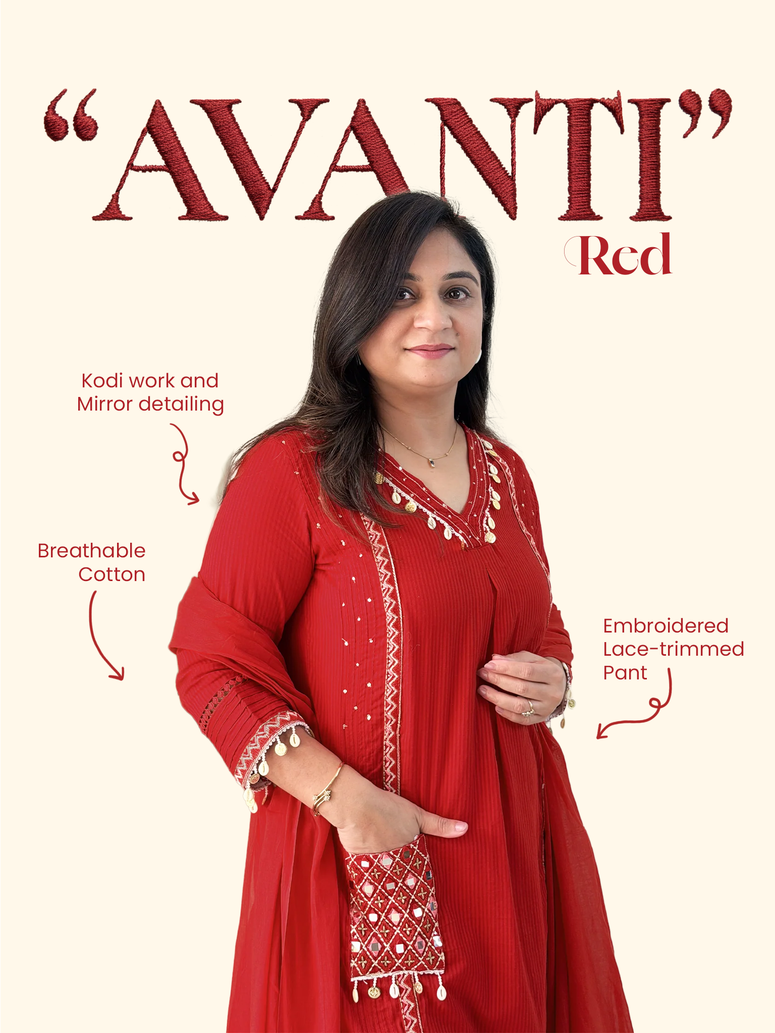 Avanti Red Premium Cotton HandEmbroidered Dupatta Set - The Jaipur Studio