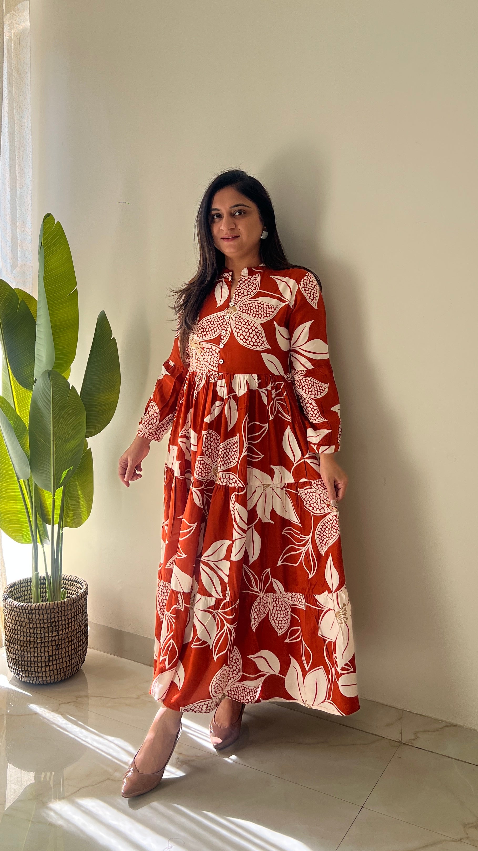 Sarfa Rust Crystal Muslin Casual Long Dress