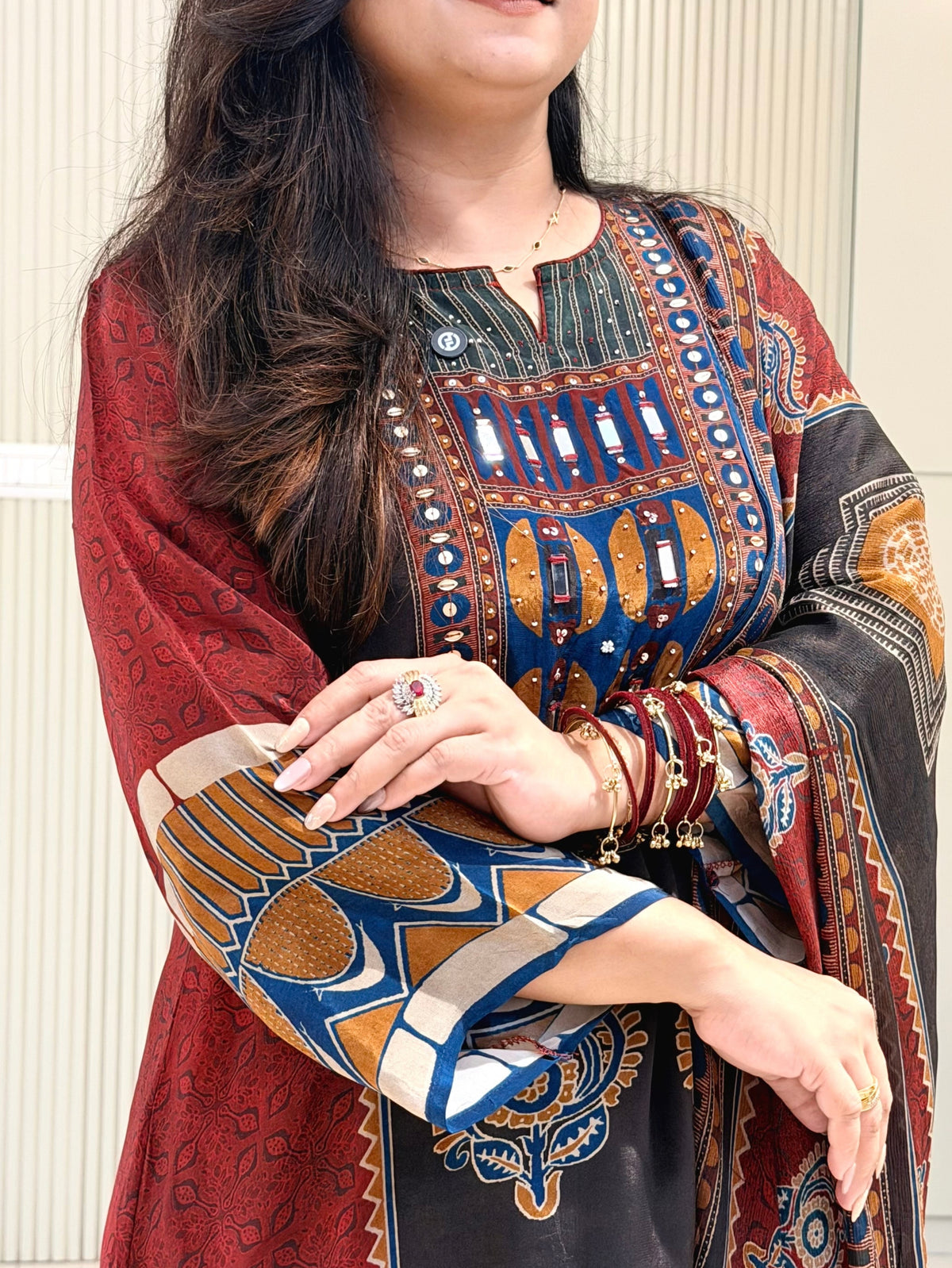 Rusha Maroon Natural Crape Asymmetric HandEmbroidered Dupatta Set