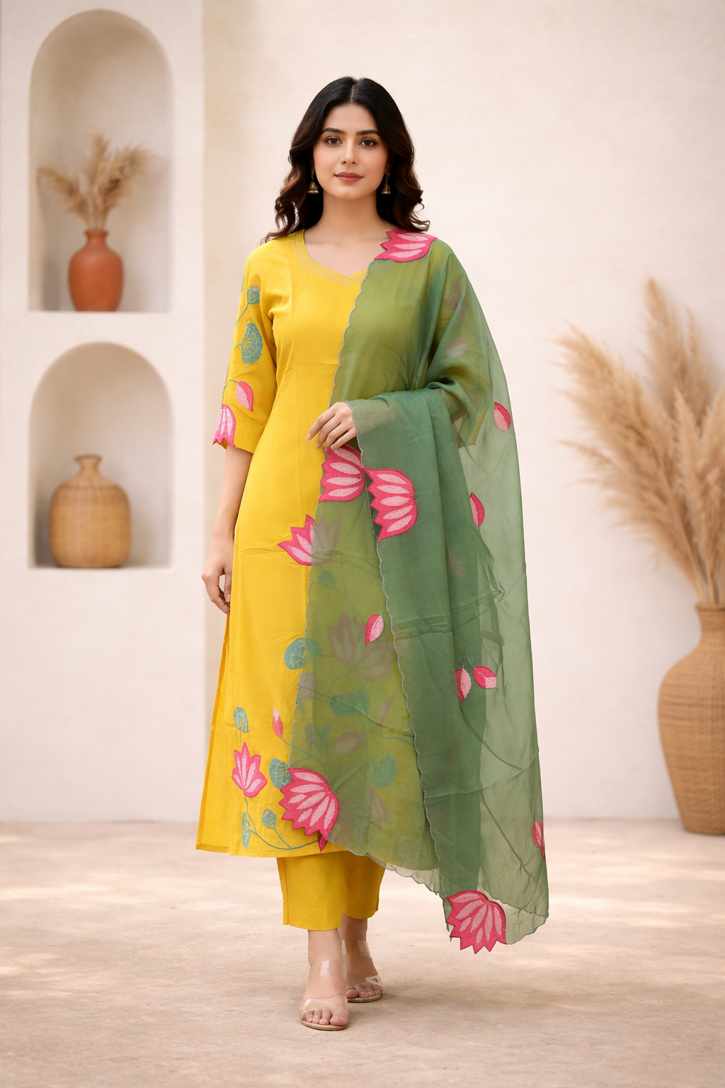 Kiara Yellow Russian Silk A-line Applique Deatiled Dupatta Set