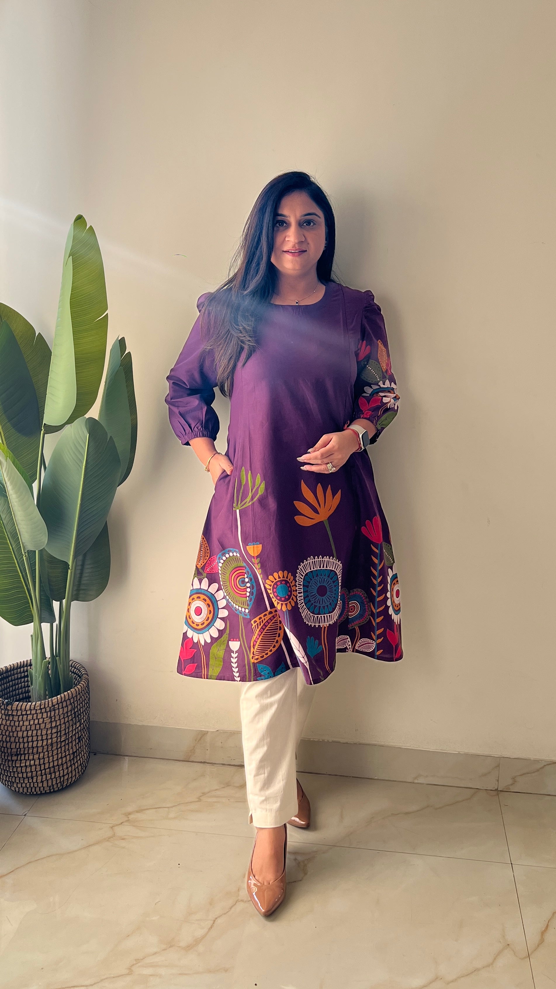 Purple Cotton Floral A-line Kurta