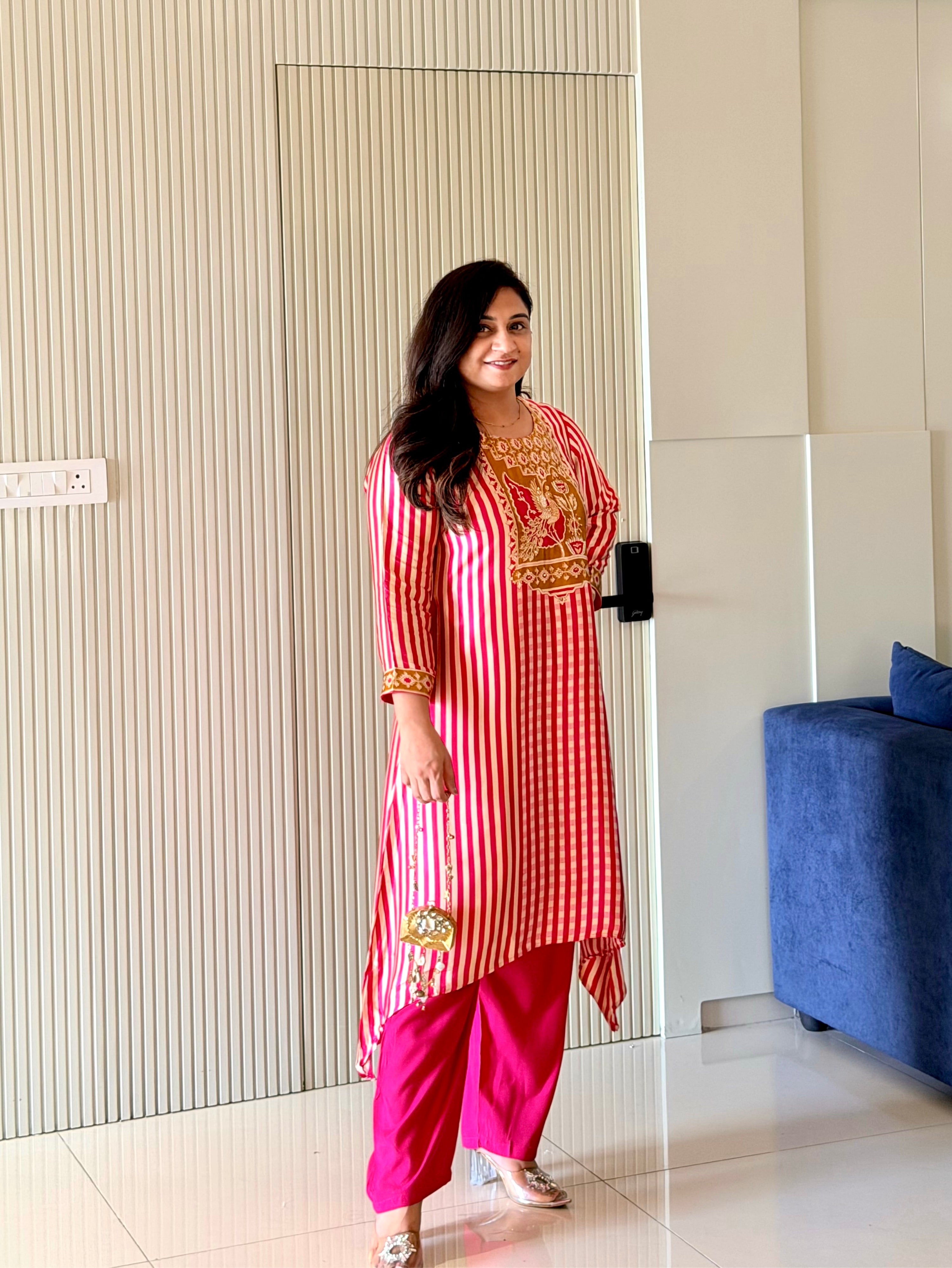 Rusha Pink Modal Asymmetric HandEmbroidered Kurta Set