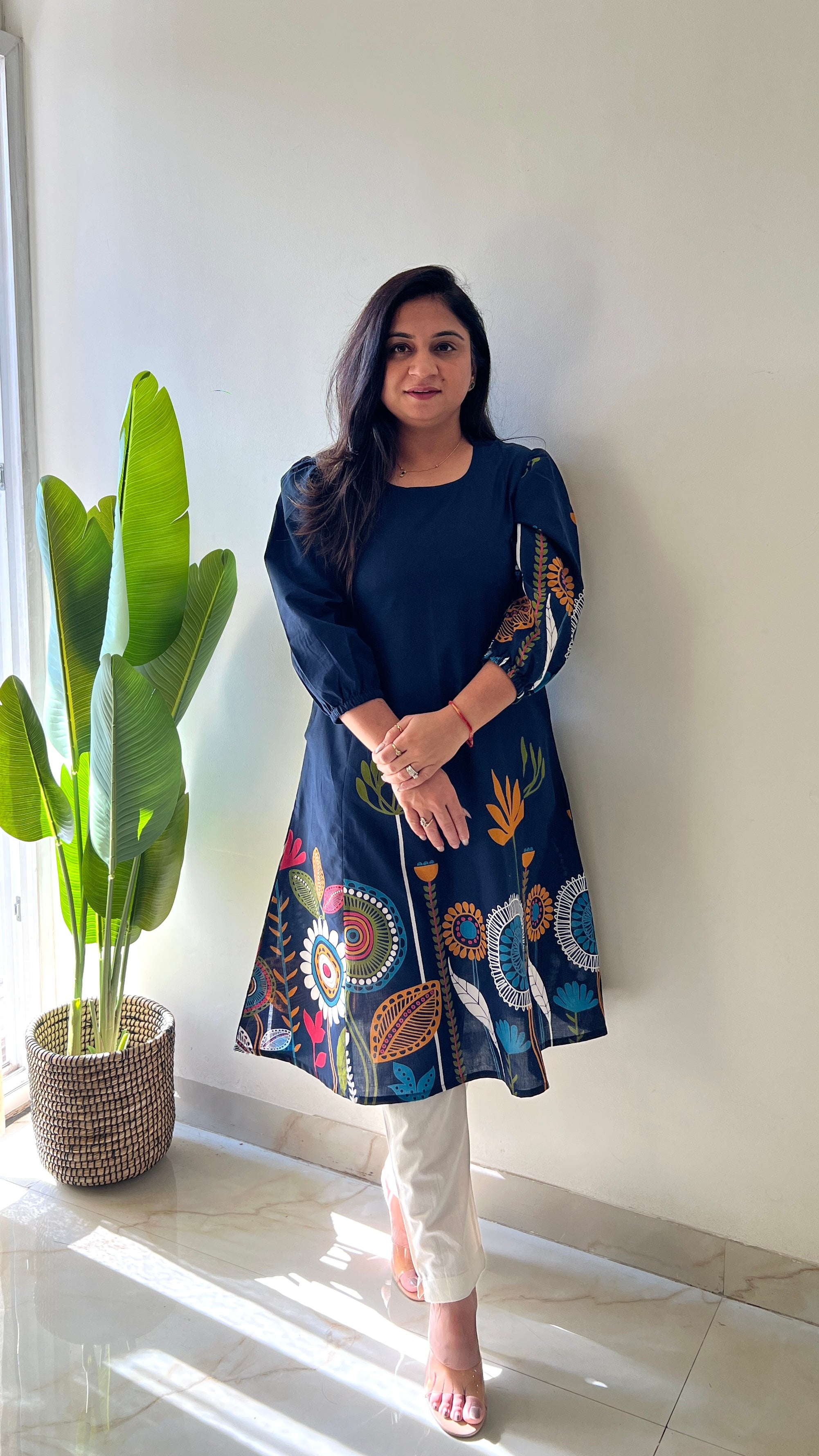 Blue Cotton Floral A-line Kurta