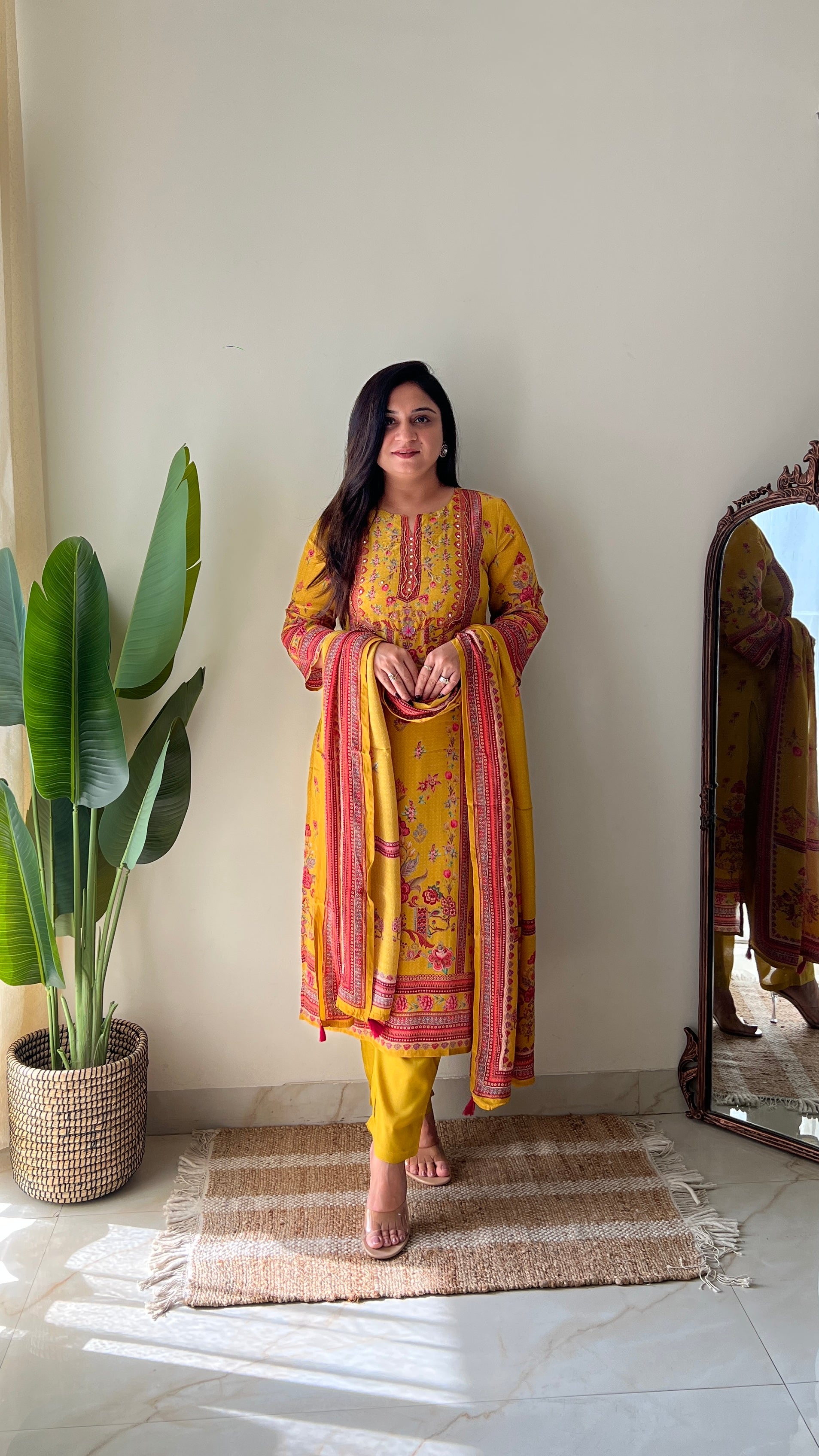 Rahma Crepe HandEmbroidered Straight Pant Set Yellow - The Jaipur Studio