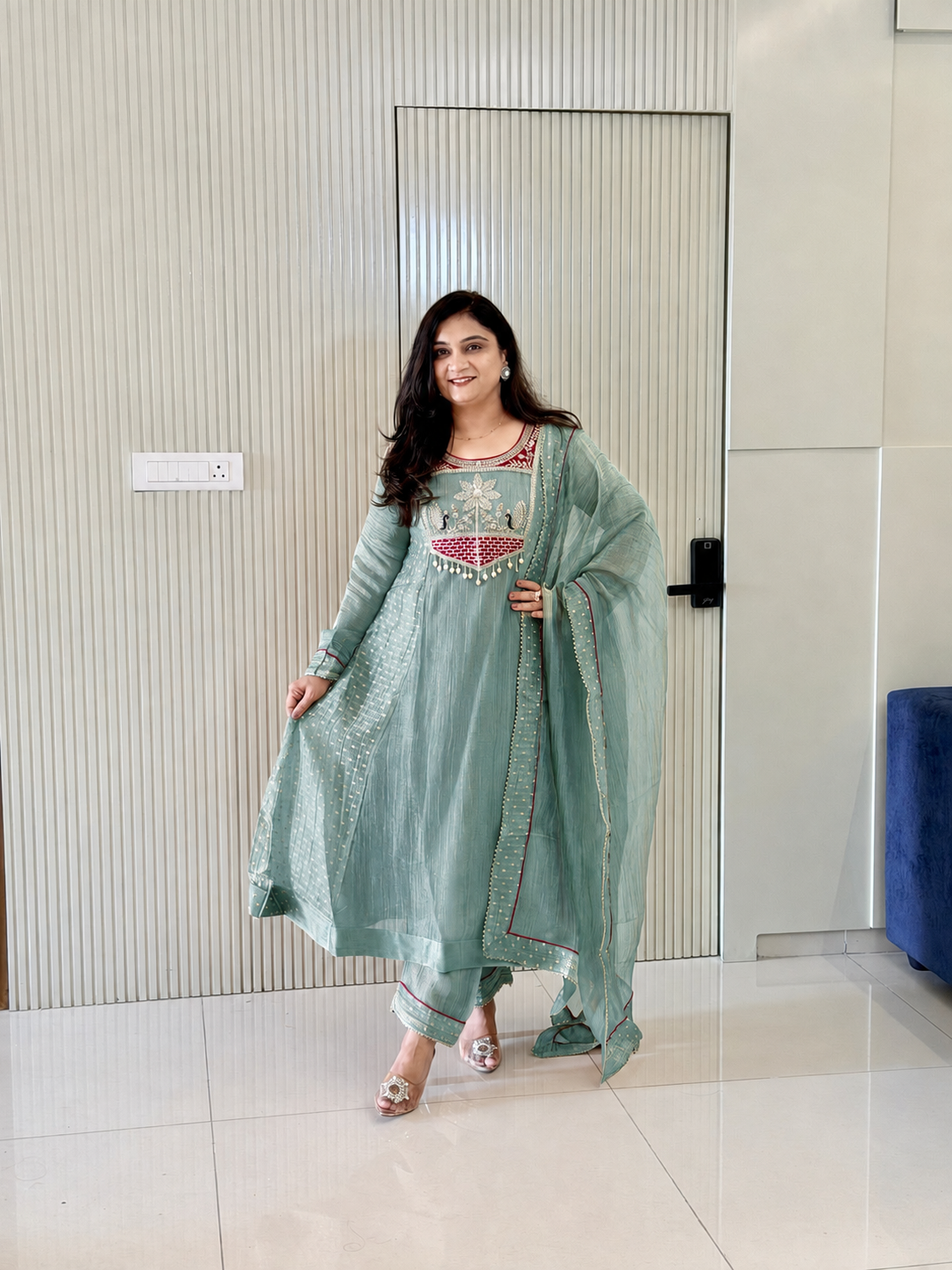 Rehana Green Shimmer Tissue Embroidered Anarkali Dupatta Set