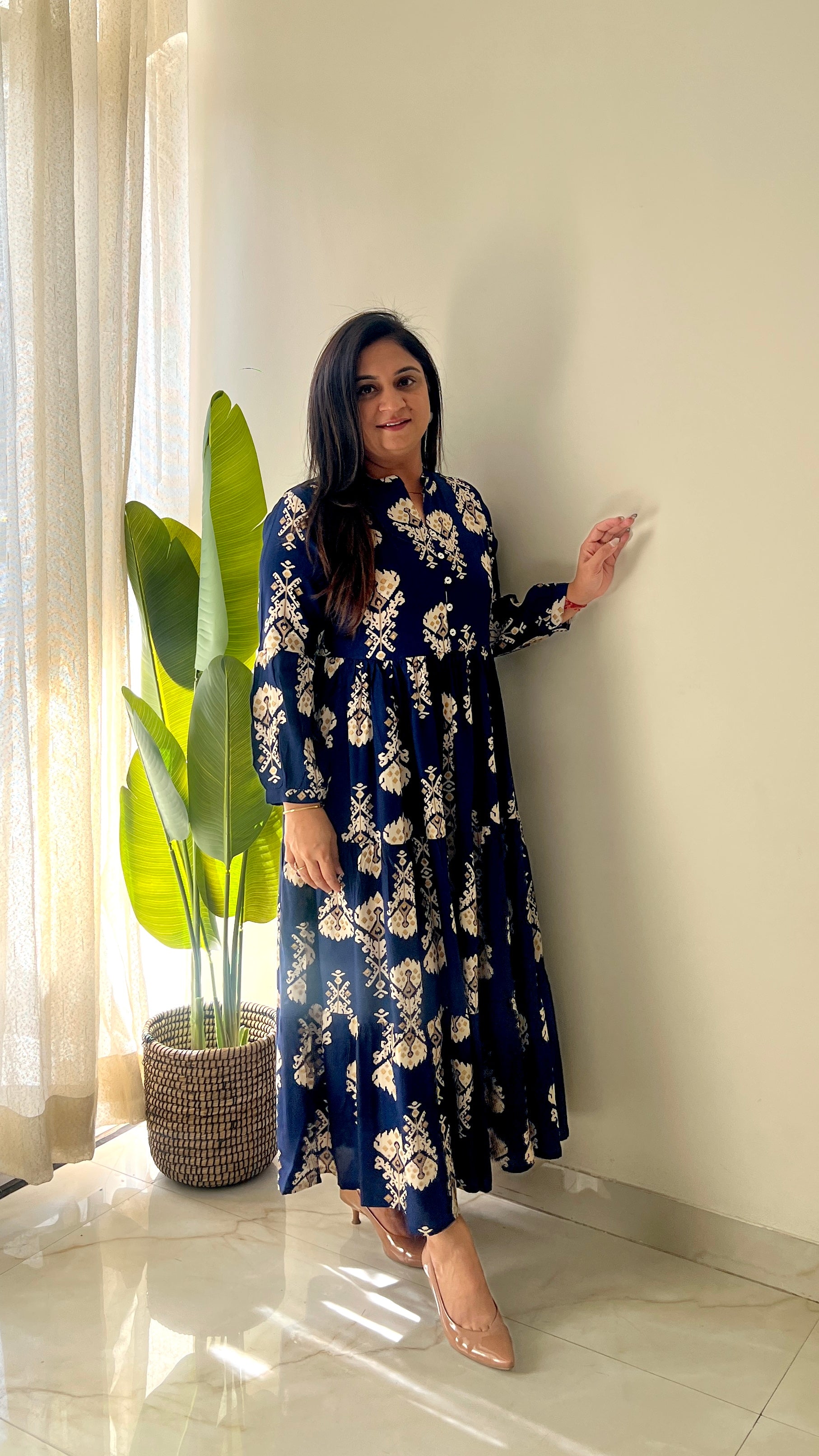 Sarfa Blue Crystal Muslin Casual Long Dress