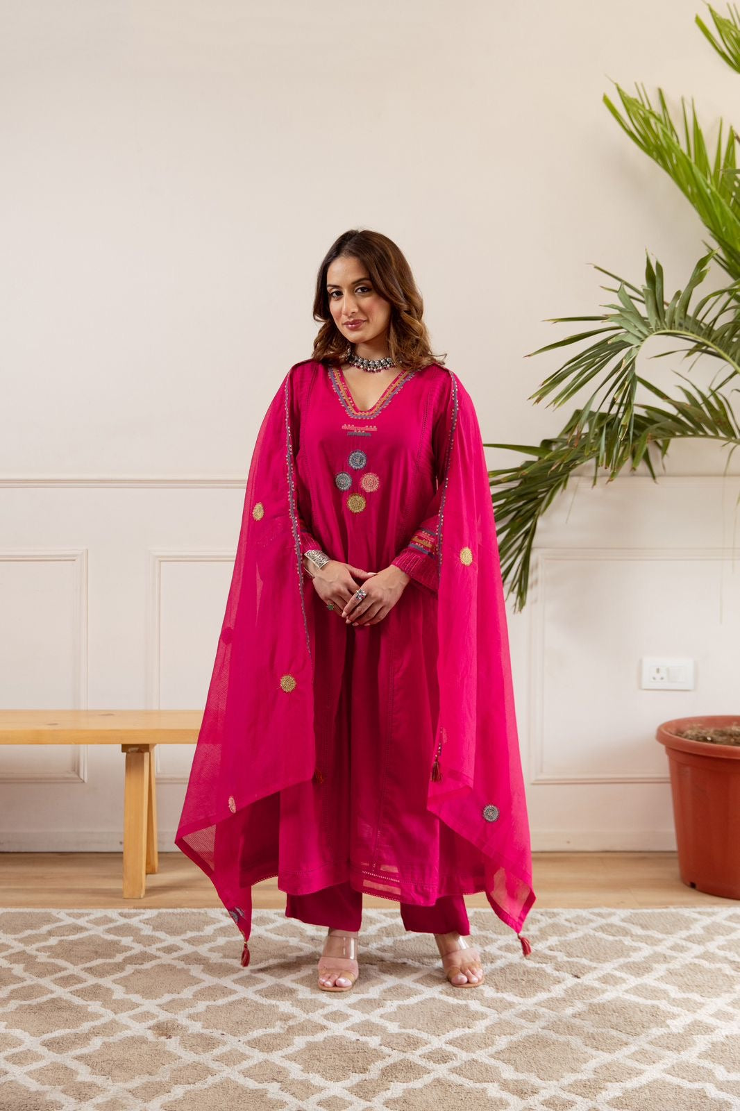 Zola Pink Net Chanderi Embroidered Anarkali Set