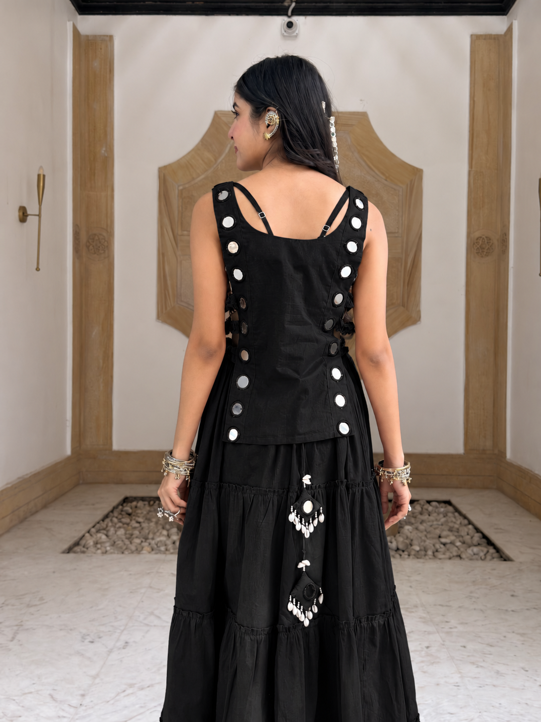 Niyati Deep Black Cotton Festive Hand Detailed Skirt Set