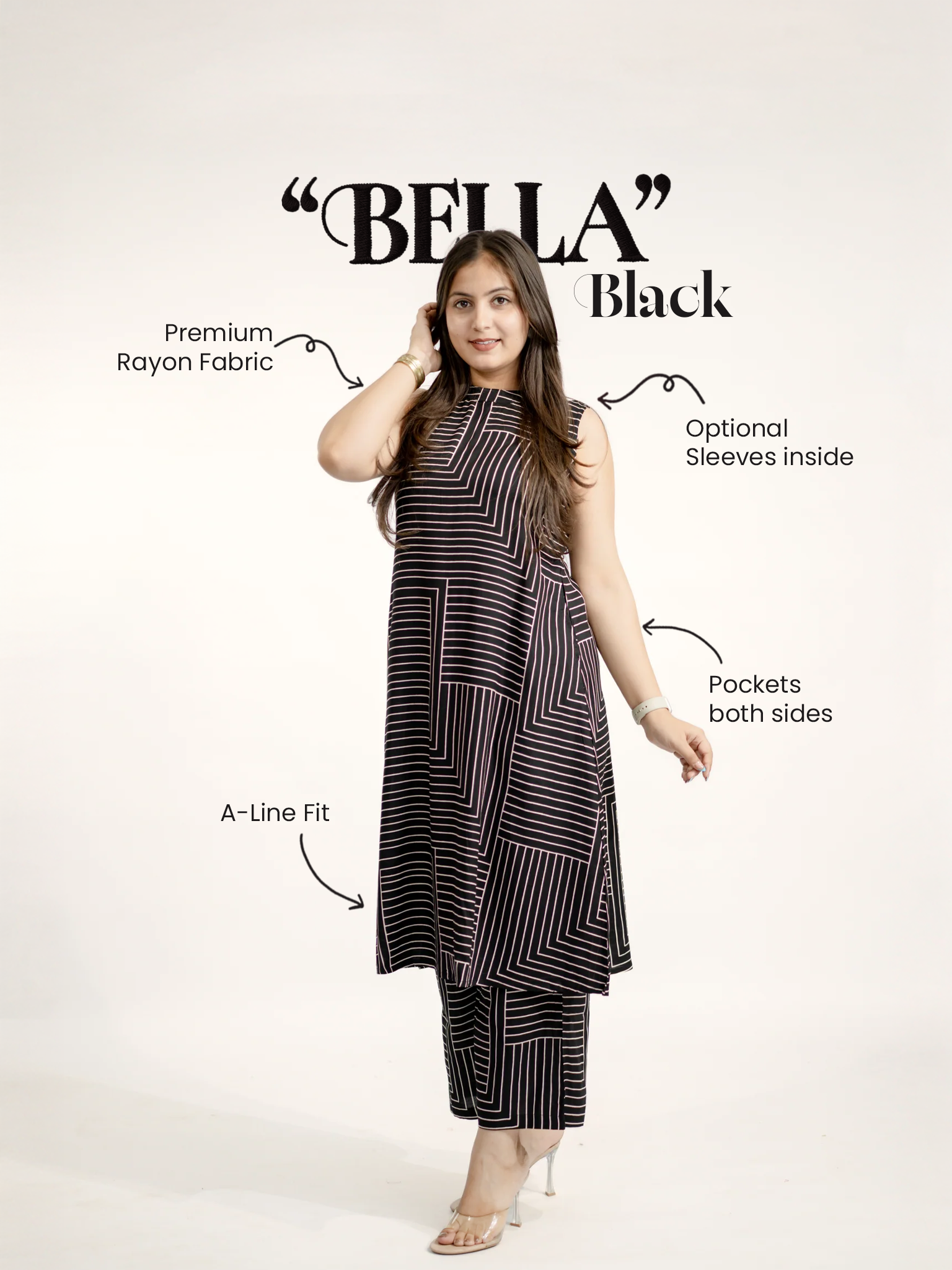 Bella Black Rayon Strips Print A-line Coord Set