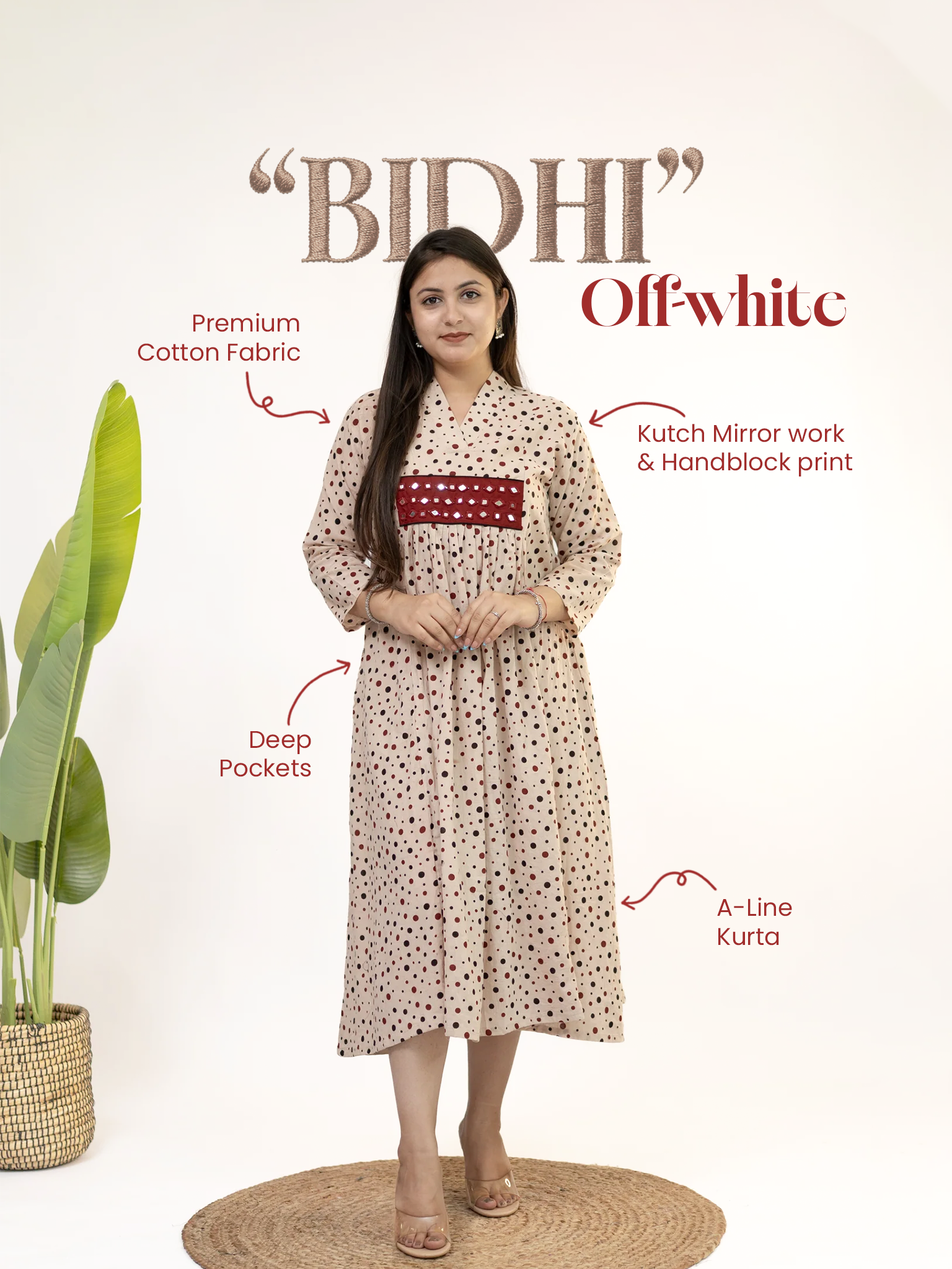 Bidhi Mul Cotton Offwhite Polka Handblock Kutch Embroidered A-line Kurta